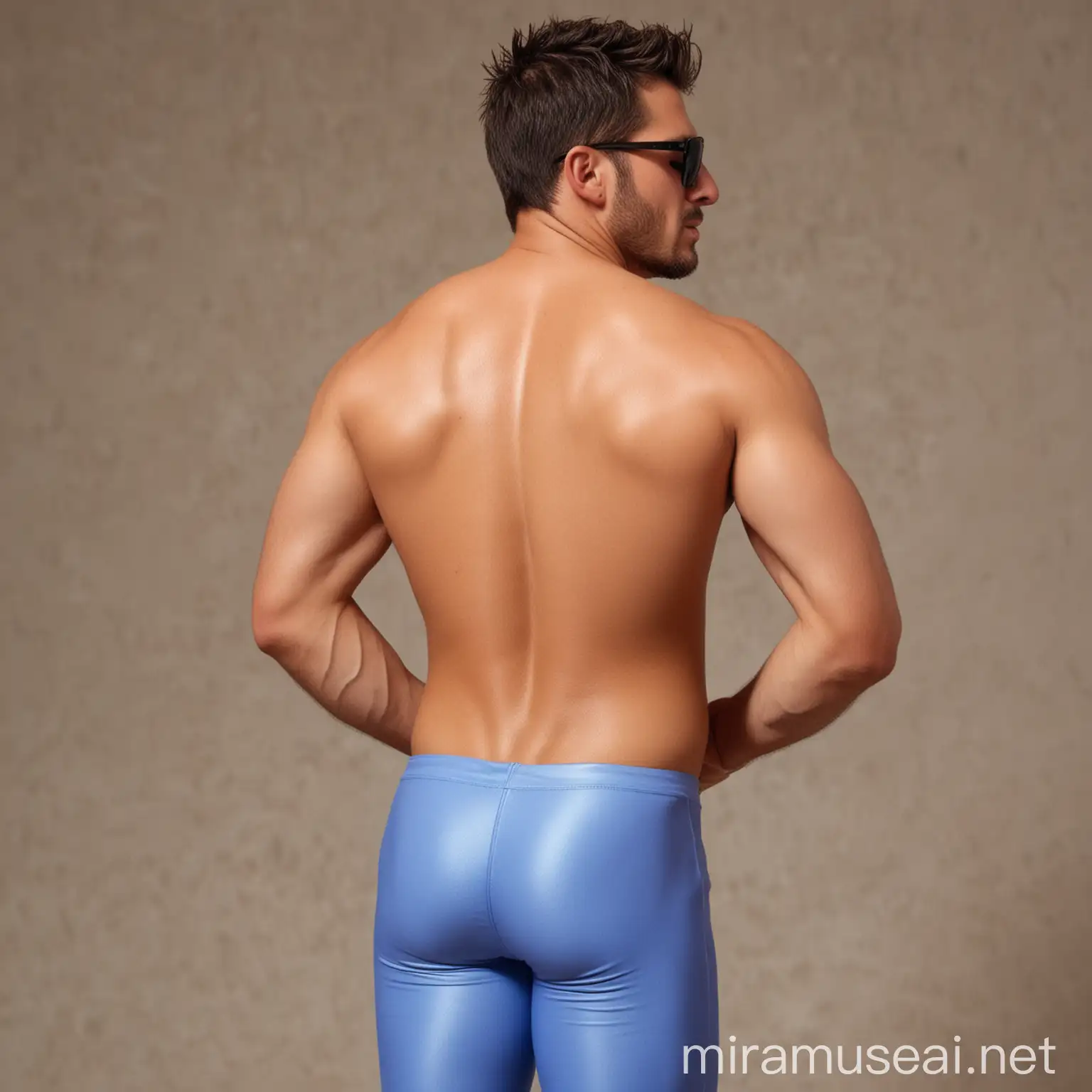 Charming shirtless  32 year old male Argentine wrestler, with short spiky gelled brunette hair; brown tanned skin; with sunglasses; very little beard; wearing long periwinkle spandex leggings;well defined  prominent buttocks; rear view