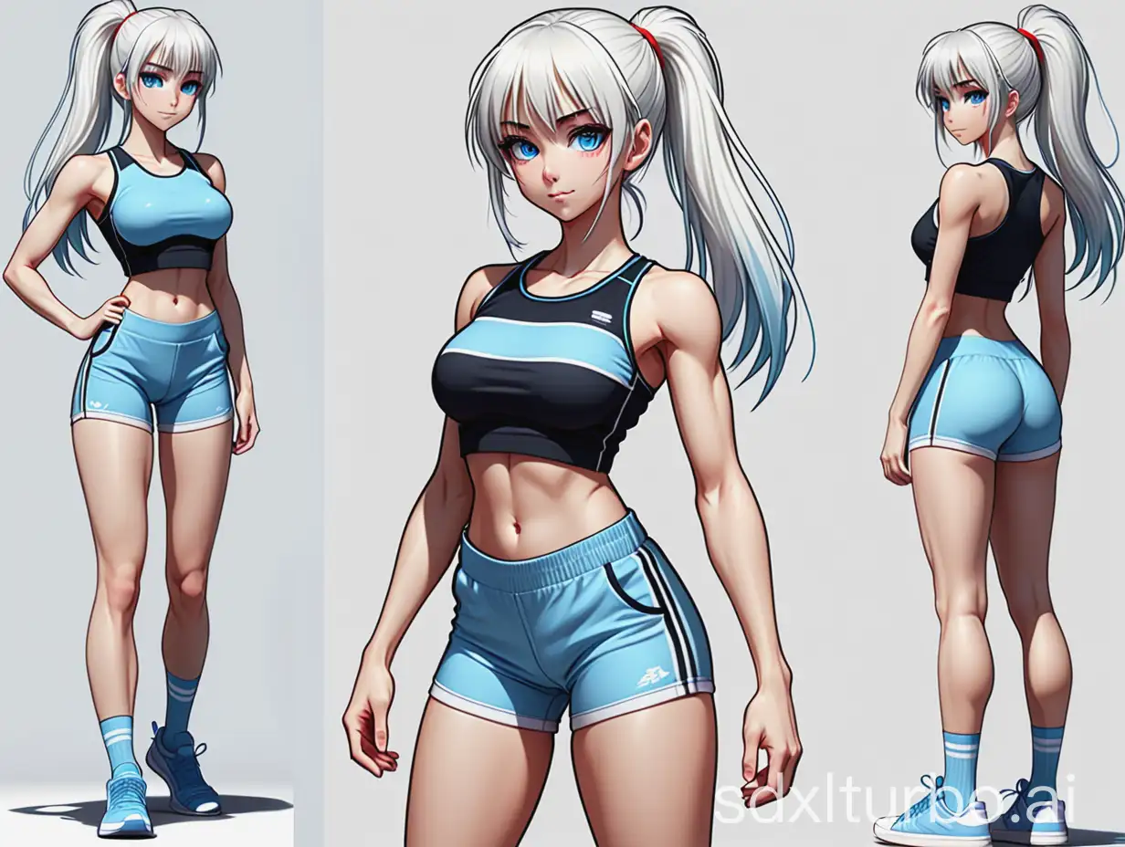 anime girl. toned athletic body. 2 size breasts. full height. beautiful well-drawn face. happy face. white long hair. hair with a fringe. ponytail with red rubber band. light blue eyes. thin eyebrows. fitting blue top with black outline. cropped top. tight sporty black shorts. fabric inserts on the shorts in light blue lines. white sneakers. white socks.