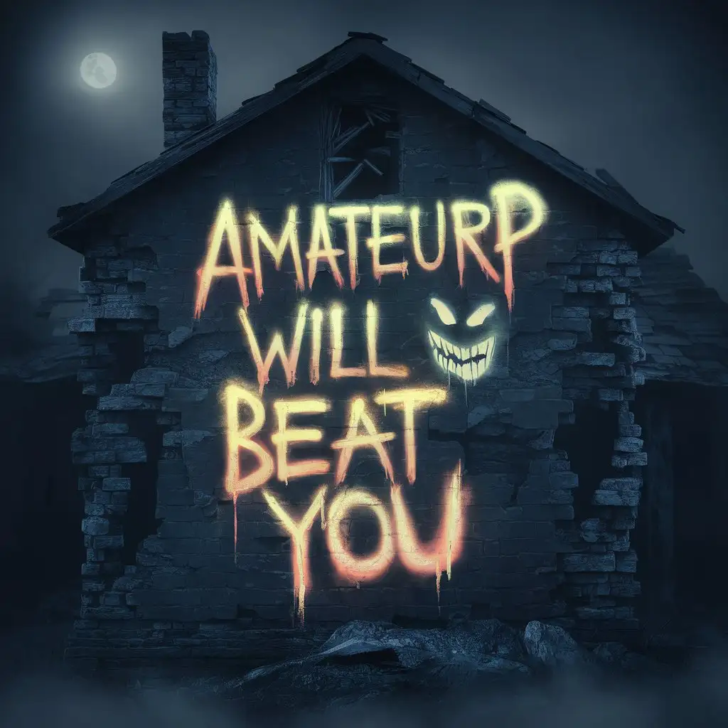 amateurp will beat you written on a wall with glowy  color  in a abandoned house