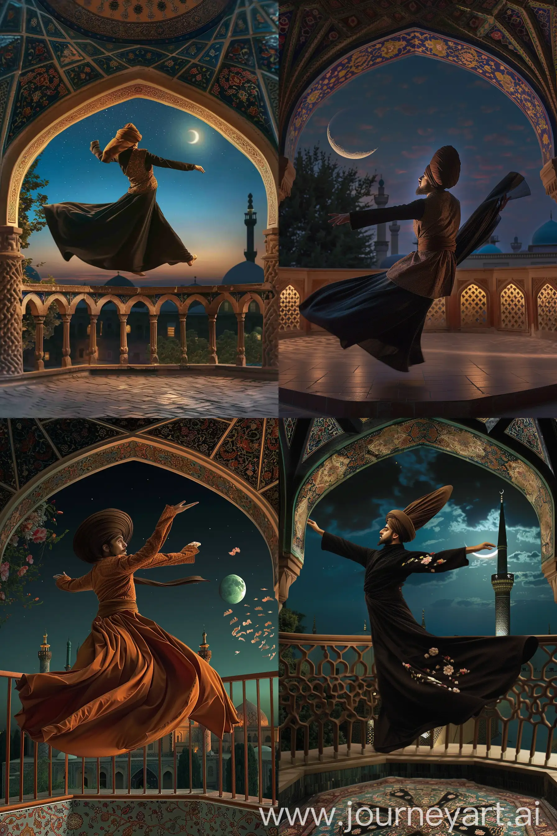 A mesmerizing moment of a Whirling Dervish in mid-spin, traditional tennure flowing dramatically, tall brown sikke hat, inside an octagonal balcony having arches decorated with persian floral motifs, serene night sky with a cresent moon, view of Persian tiled mosque --ar 2:3