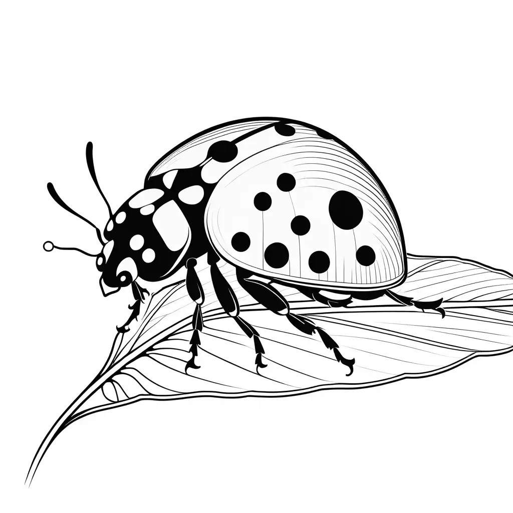 A ladybug with distinct black spots on its white wings, sitting on a leaf., Coloring Page, black and white, line art, white background, Simplicity, Ample White Space. The background of the coloring page is plain white to make it easy for young children to color within the lines. The outlines of all the subjects are easy to distinguish, making it simple for kids to color without too much difficulty