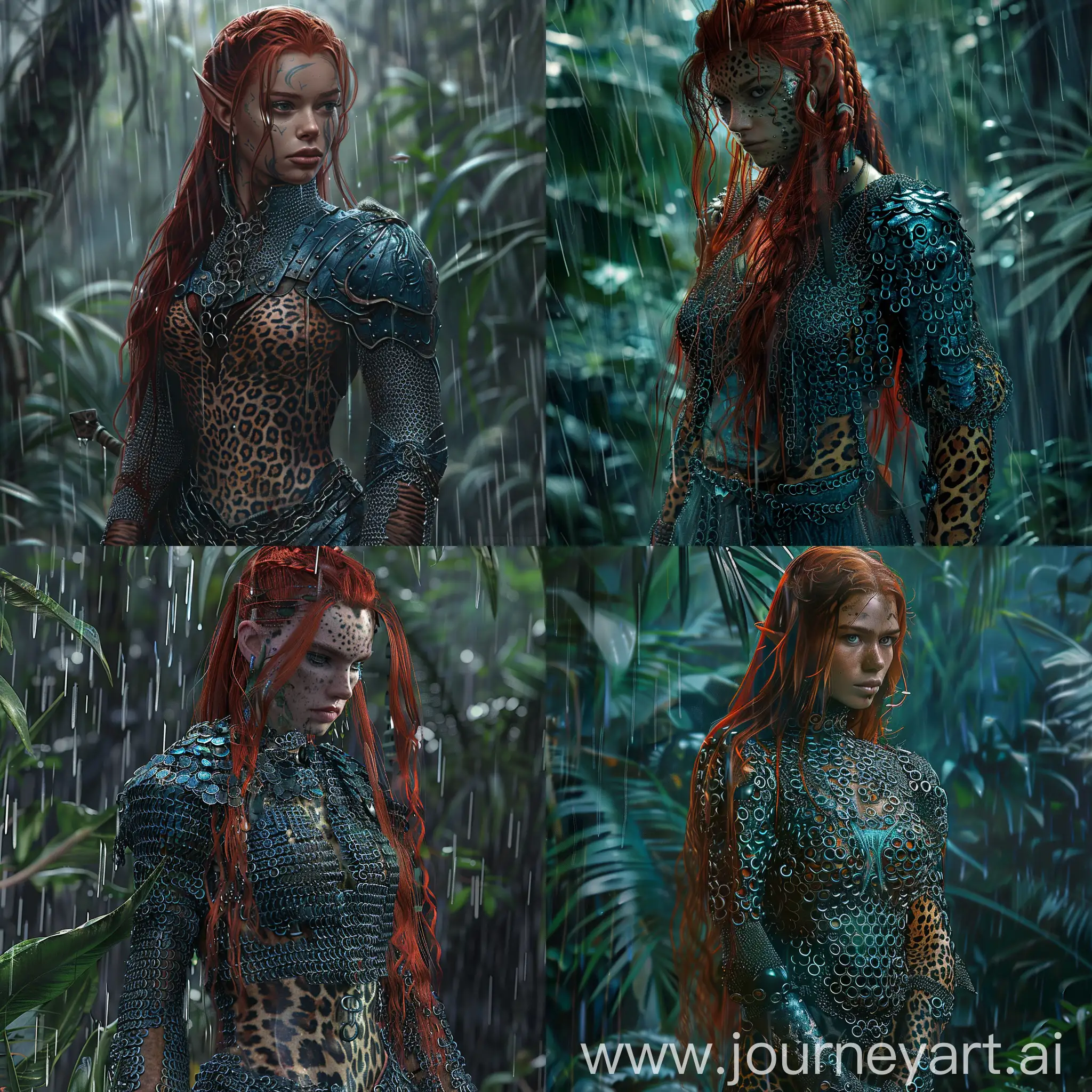 A red-haired, physically trained and sturdy female warrior in leopard armor made of cobalt-colored steel rings that fall down the entire length of her clothes with amazing realism, with a lot of detail, in a jungle in the rain detailed image. Unisex armor, chain mail