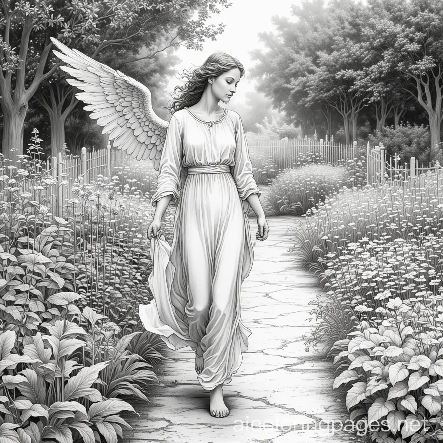 Female-Angel-Walking-in-Garden-Coloring-Page