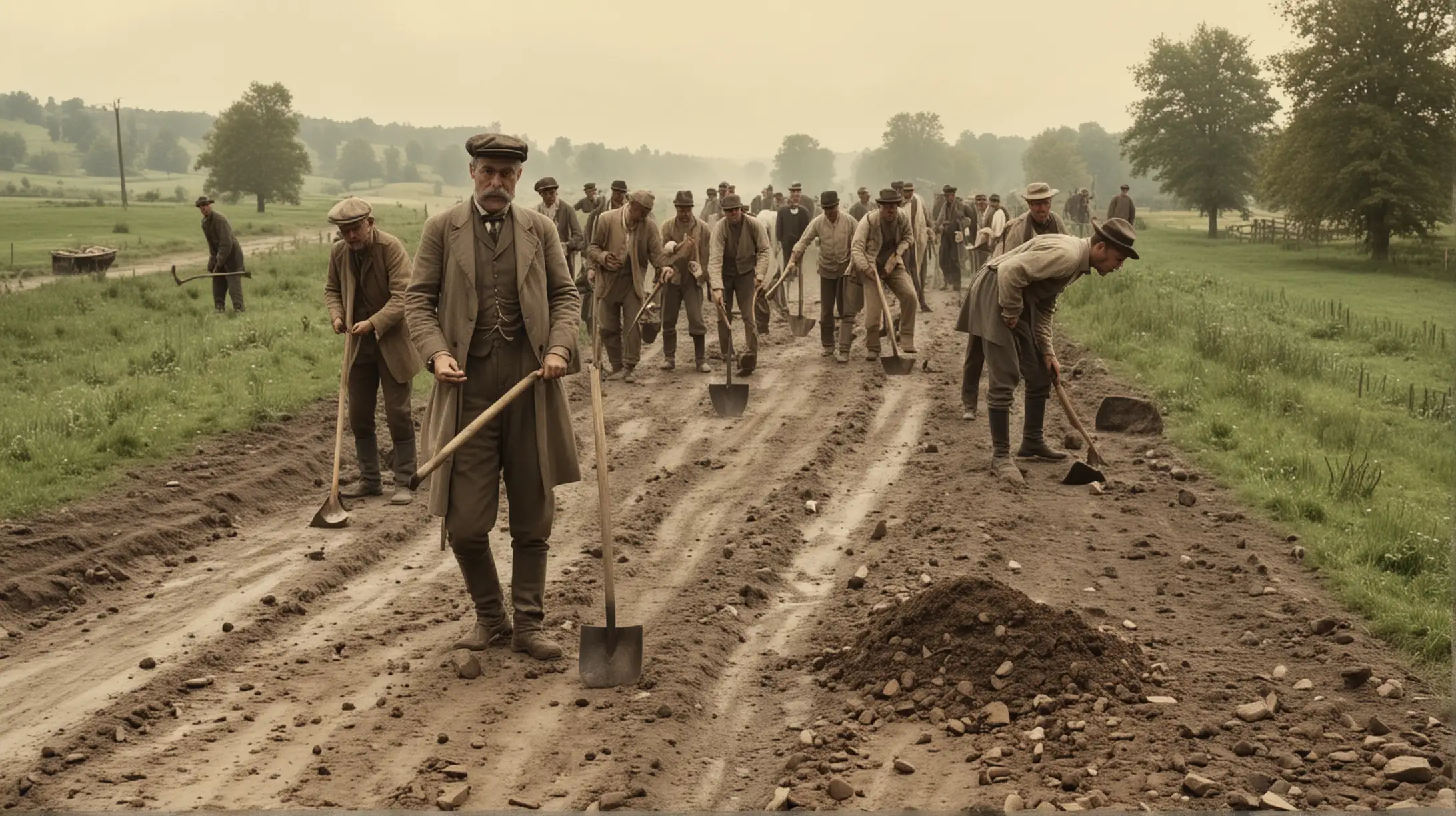 Anno 1910, 20 mannen die met schoppen en houwelen een weg opbreken, in een lndelijk landschap.
