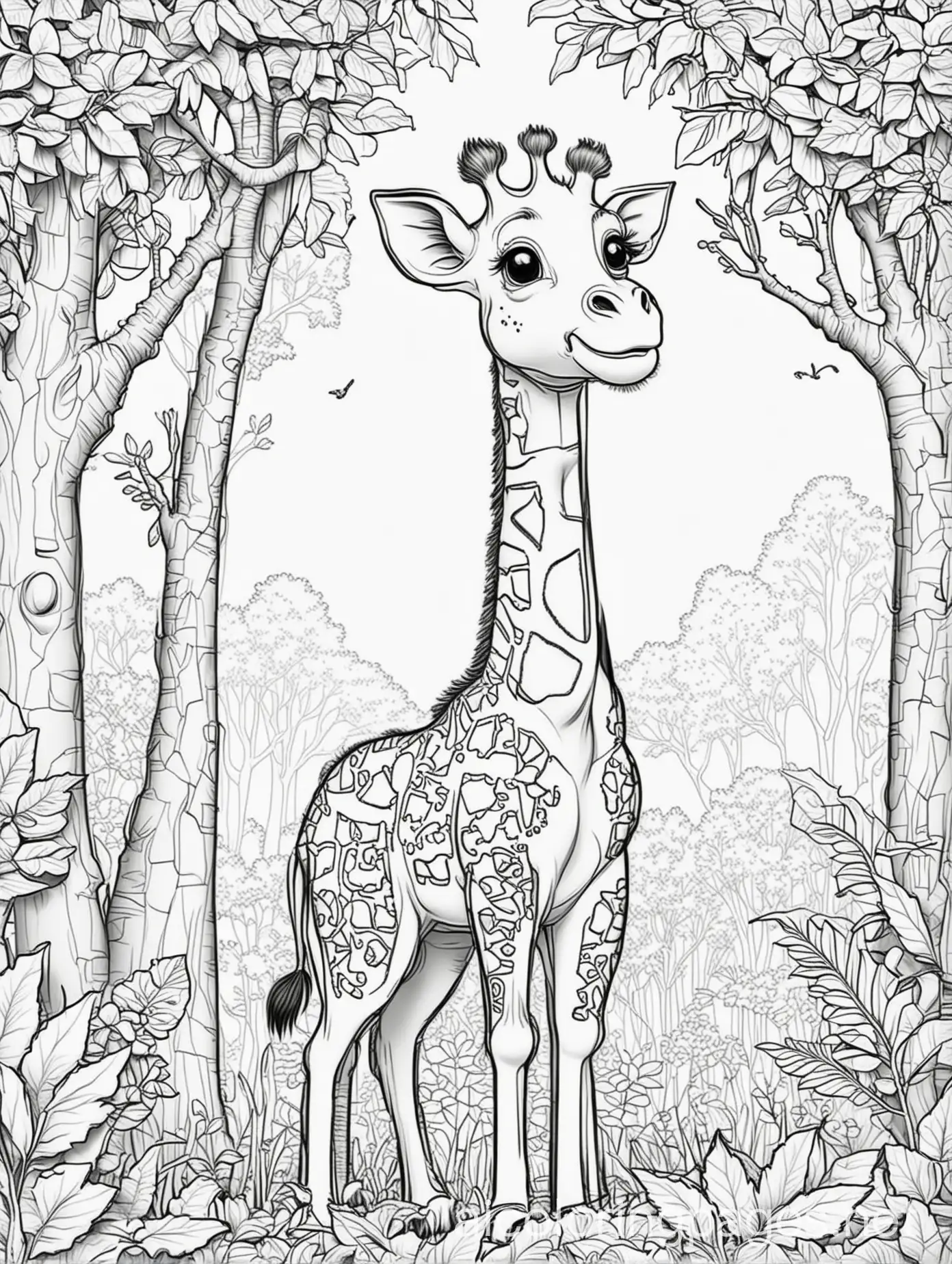 happy cartoon giraffe playing in the forest, Coloring Page, black and white, line art, white background, Simplicity, Ample White Space. The background of the coloring page is plain white to make it easy for young children to color within the lines. The outlines of all the subjects are easy to distinguish, making it simple for kids to color without too much difficulty, Coloring Page, black and white, line art, white background, Simplicity, Ample White Space. The background of the coloring page is plain white to make it easy for young children to color within the lines. The outlines of all the subjects are easy to distinguish, making it simple for kids to color without too much difficulty