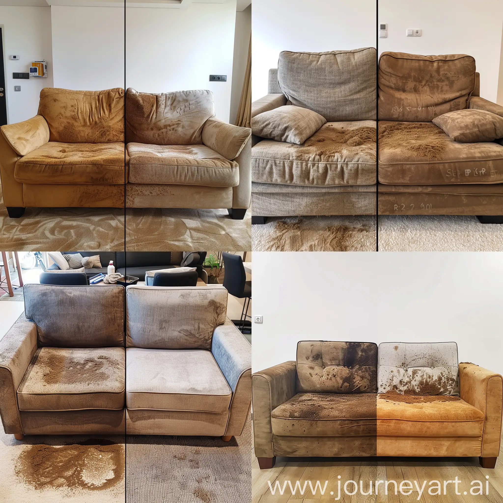 Create  a sofa cleaning with one side very dirty With mires, bacteria and the other very clean Like before and after