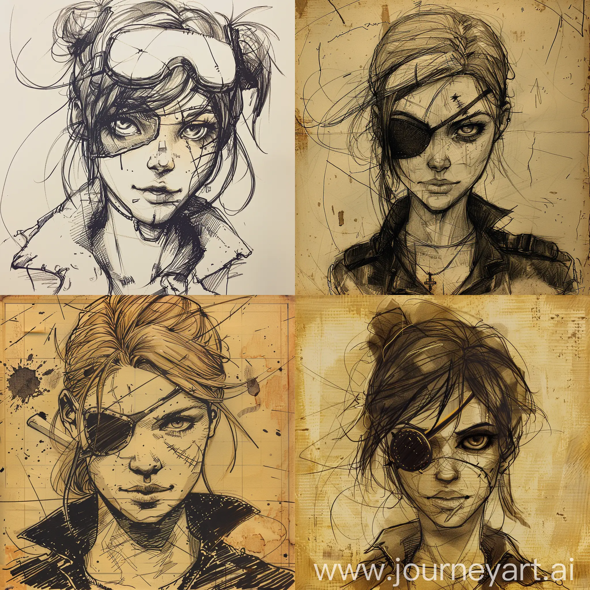 comic style, drawing, portrait, girl with an eye patch, post-apocalypse, Salvagepunk,