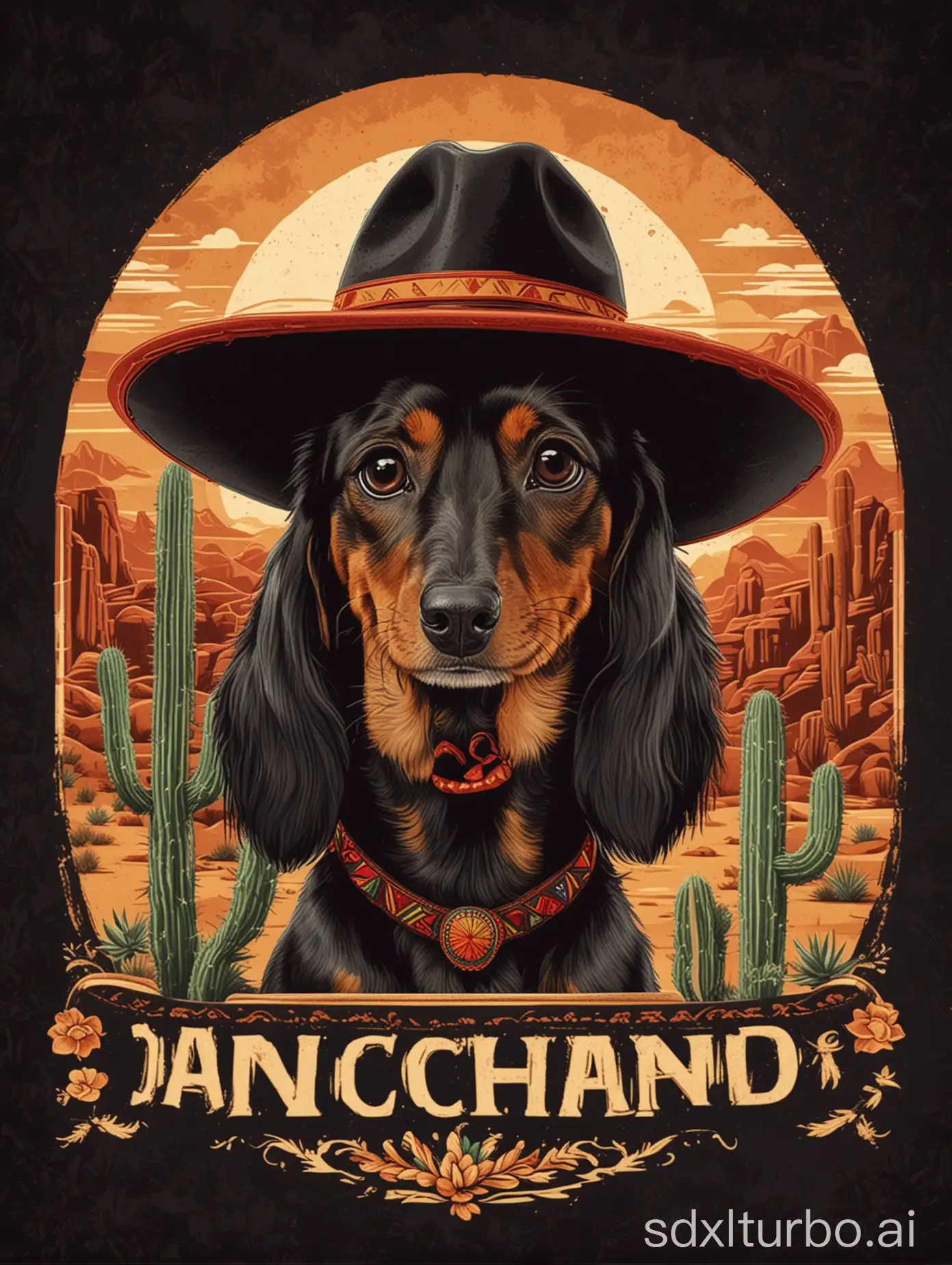 Logotype of dachshund dog with black color and Mexican hat, cactus and desert background, in the style of old west