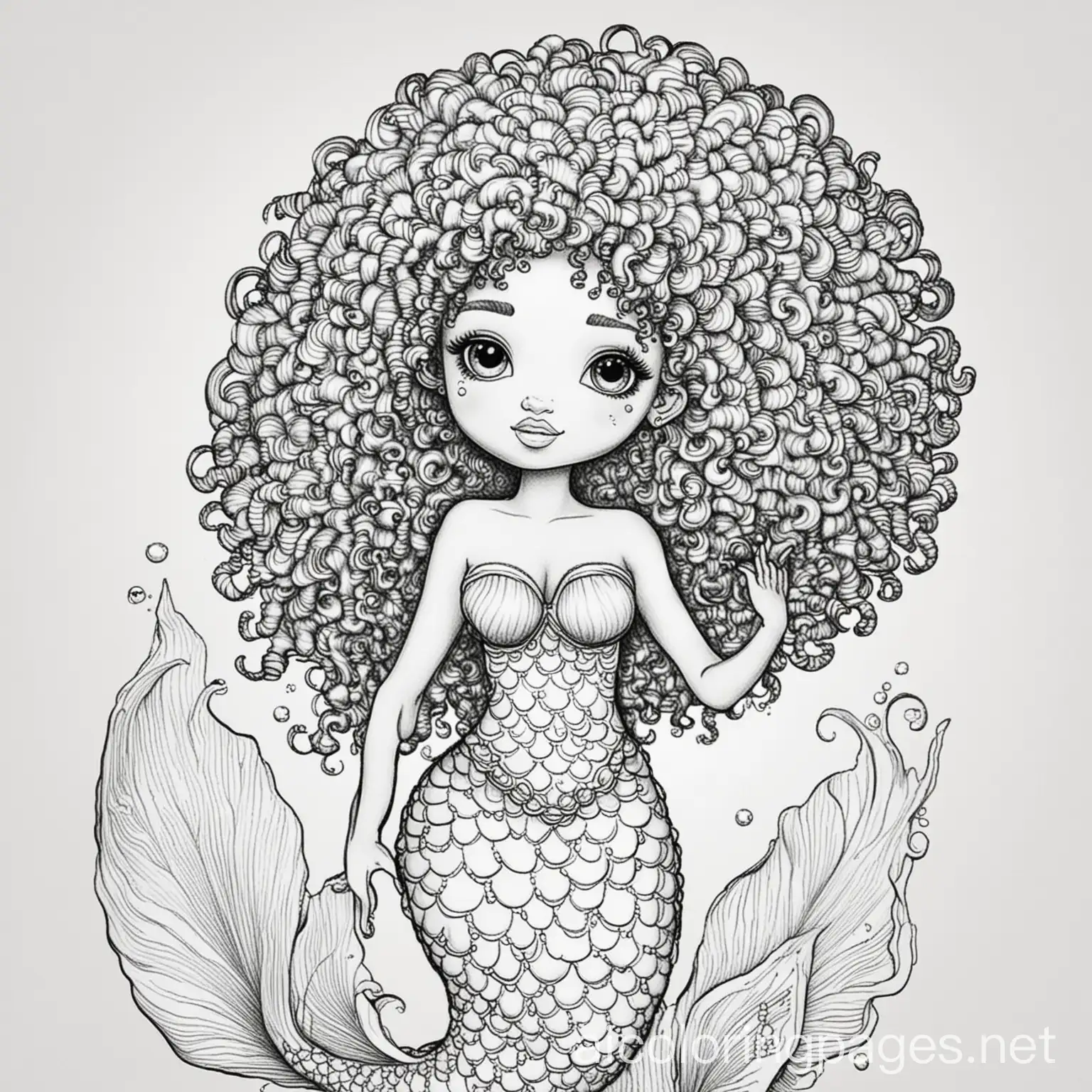  mermaid with an afro
, Coloring Page, black and white, line art, white background, Simplicity, Ample White Space. The background of the coloring page is plain white to make it easy for young children to color within the lines. The outlines of all the subjects are easy to distinguish, making it simple for kids to color without too much difficulty