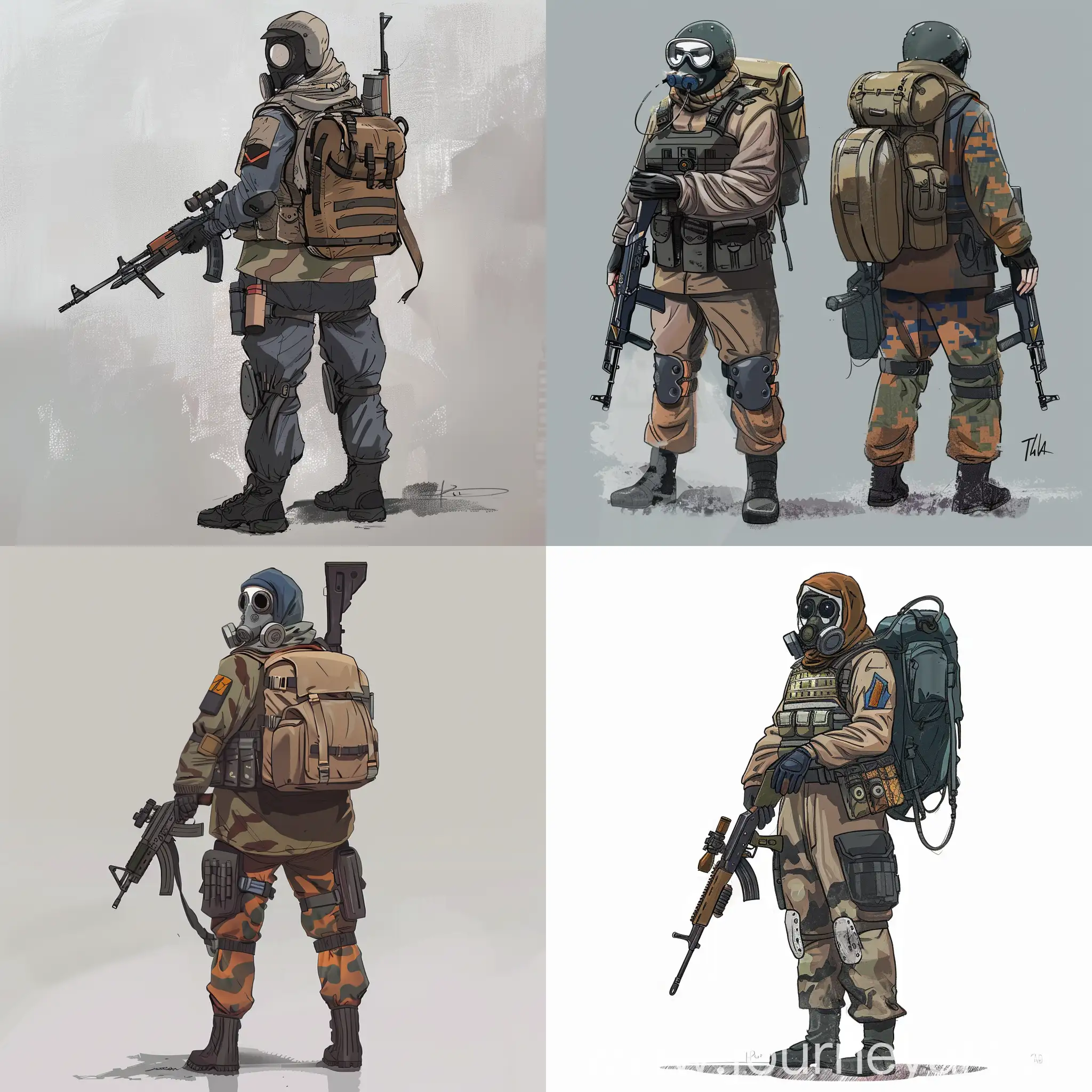 Character concept art, Dragunov SVD rifle, camouflage military uniform, gas mask, armor, military backpack on the back.