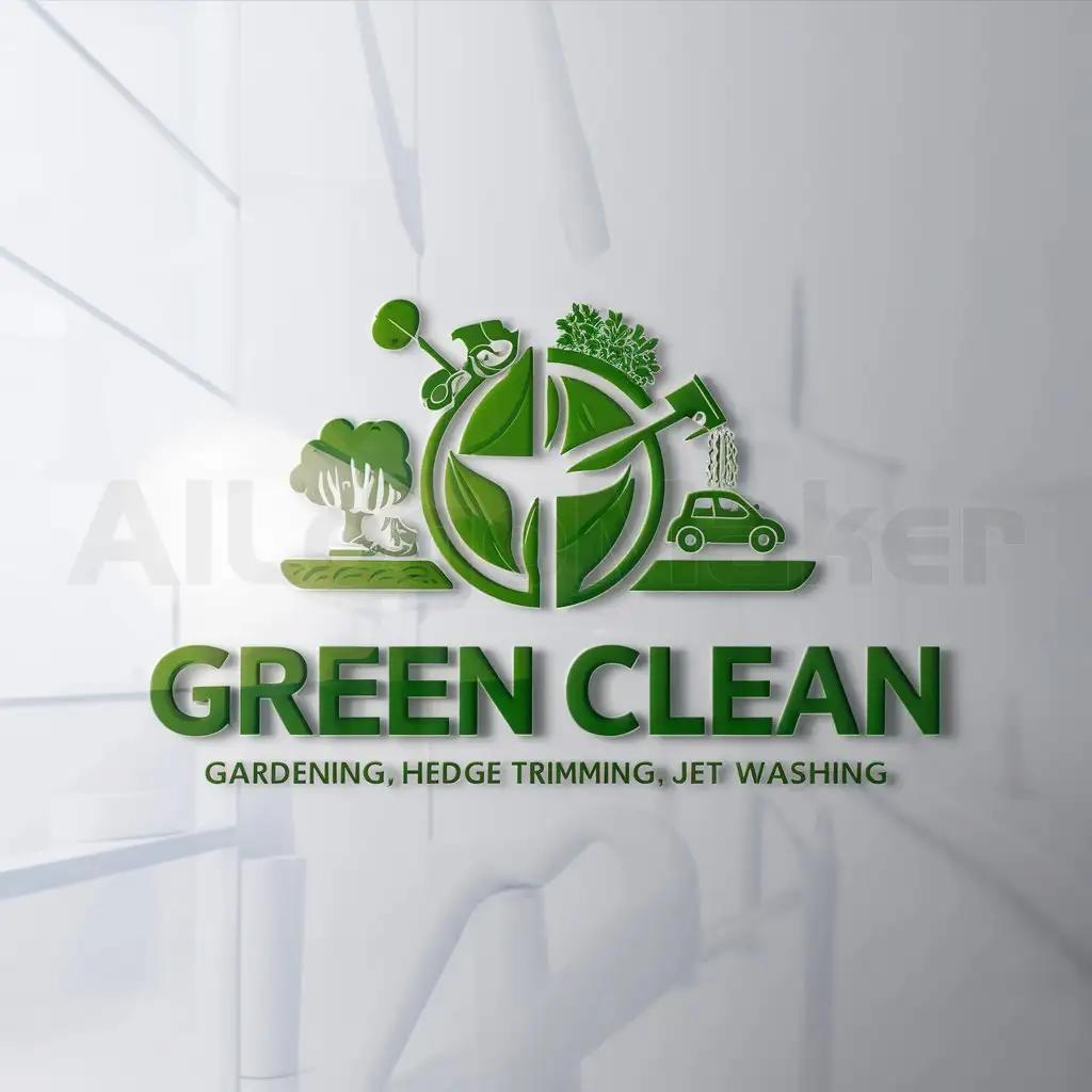 a logo design,with the text "GREEN CLEAN", main symbol:gardening, hedge trimming, car washing, jet washing,Moderate,be used in Others industry,clear background