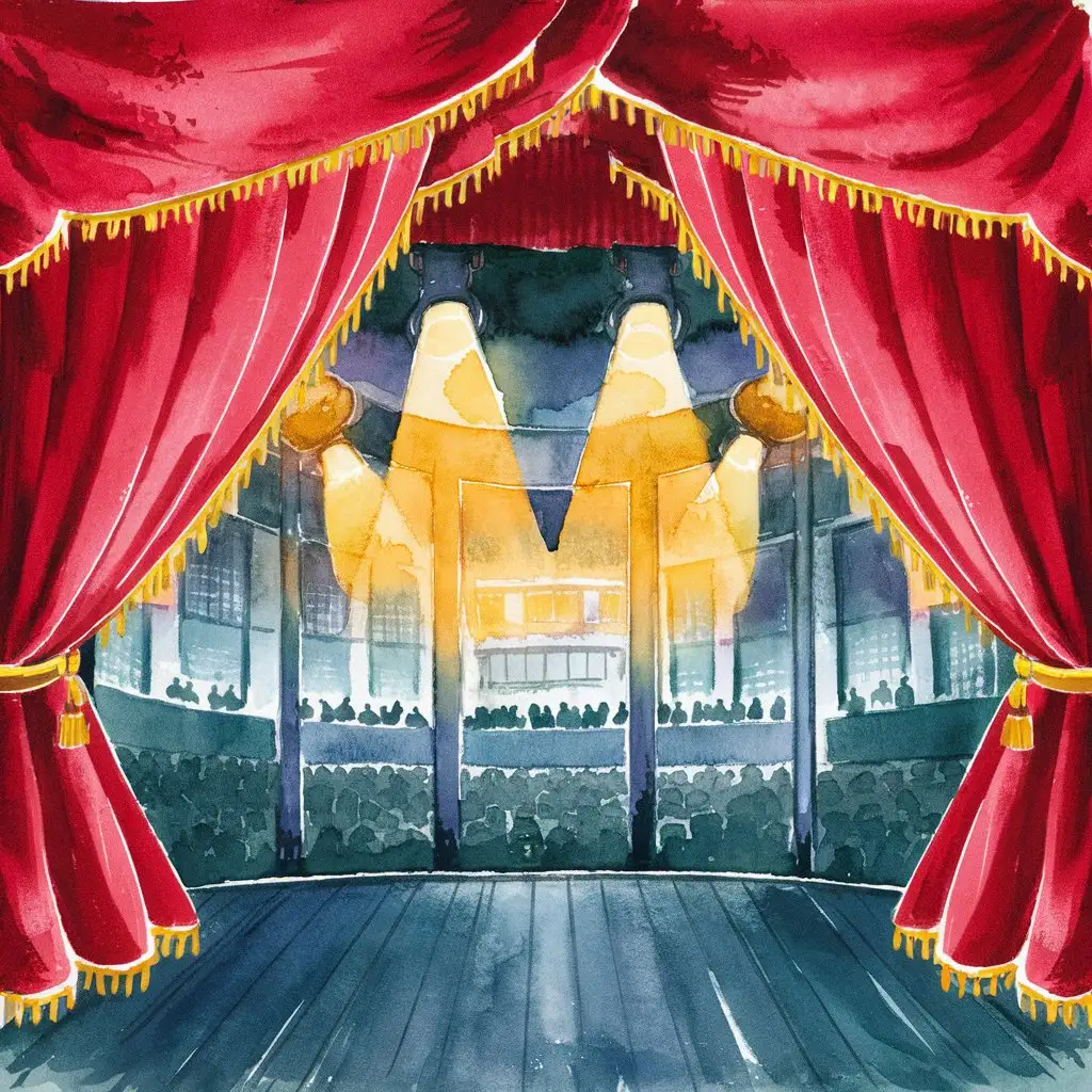 A watercolor painting of a theater stage with red curtains and spotlights, suitable for notebooks. 