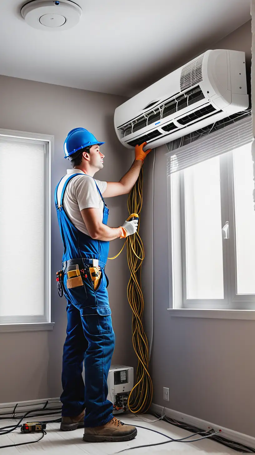 Indoor Air Conditioning Installation with Worker