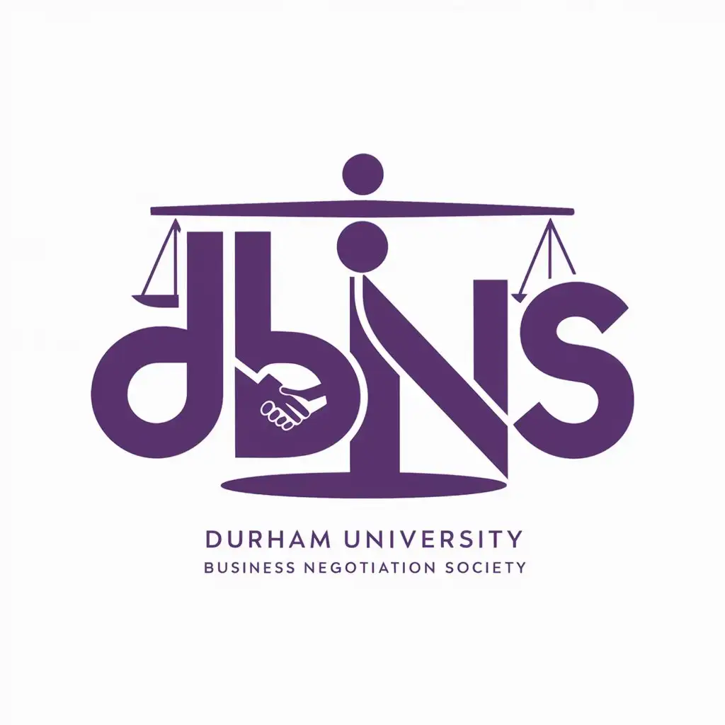 Duke University business negotiation club logo purple color with DBNS insignia and negotiation elements (scale, handshake)