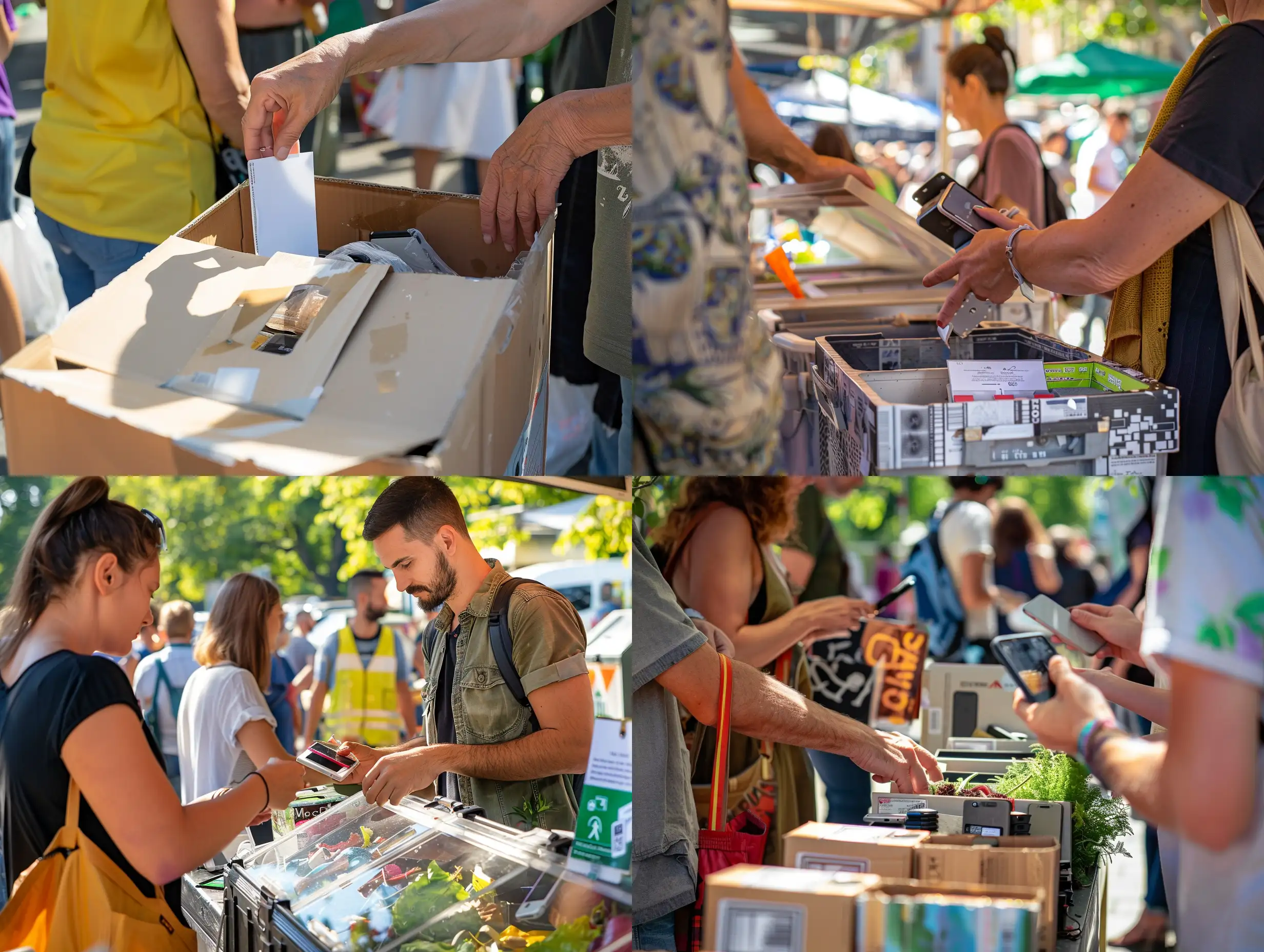 citizens returning used cell phones into a slot of a closed branded recycling box at a stand at a market outdoors on a beautiful sunny day. They are happy and social. there is just one box with a slot. There is a person behind the stand handing out information.

