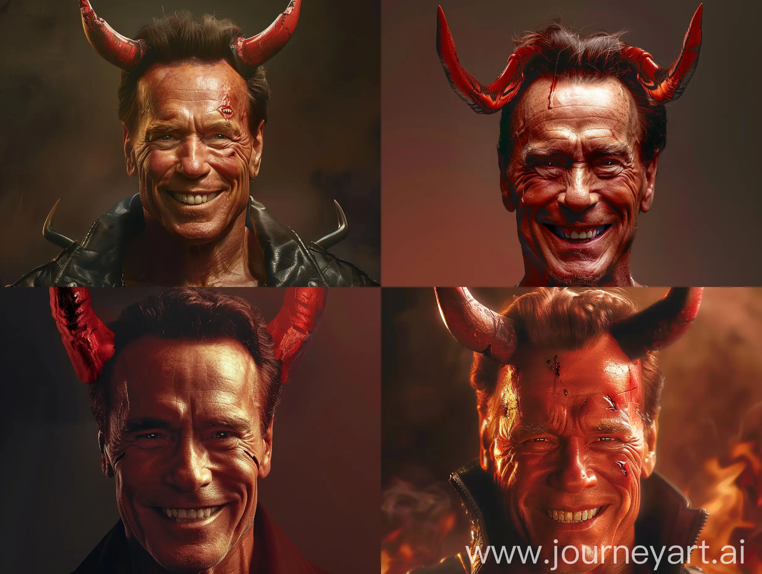 YouTube thumbnail depicting the concept "Dark Side of Being Famous: Arnold Schwarzenegger". The thumbnail should prominently feature Arnold Schwarzenegger with a devilish smile, embodying a devil-like appearance with red horns protruding from his head. The image should be detailed and realistic, conveying the dual nature of fame and its potential darker aspects without any text overlaid on the thumbnail. The background should be neutral to emphasize Schwarzenegger's expression and the devilish features.
