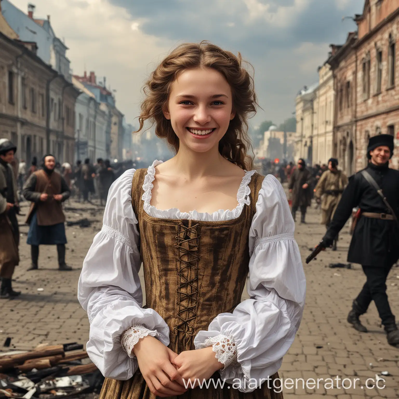 счастливая девушка во время смутного времени в россии 16 века на фоне бунтов