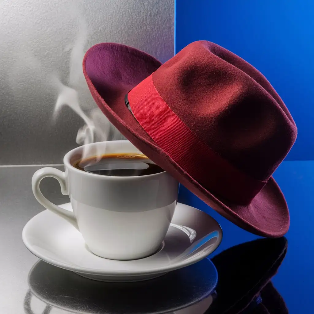 Red-Fedora-Hat-with-Refreshing-Coffee-on-Silver-Blue-Background