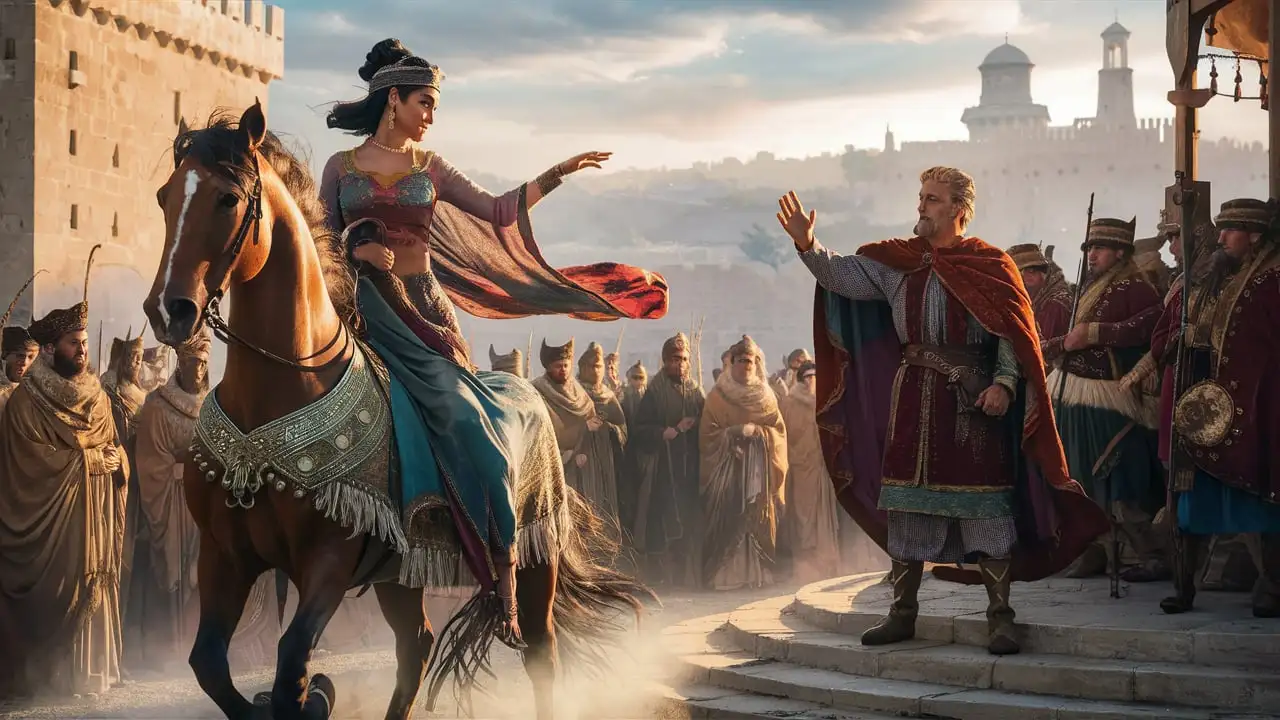 The queen of Sheba, riding a beautiful horse in the foreground, turns back to wave at king Salomon standing on the ramparts of Jerusalem surrounded by his court, all wearing rich ancient oriental clothes, mornin light, cinematic