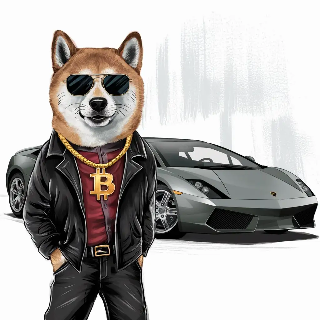 perro shiba humanizado sobre dos patas, con gafas de sol, vestido como un gangstah con un collar de oro con el símbolo del bitcoin y detrás un lamborghini