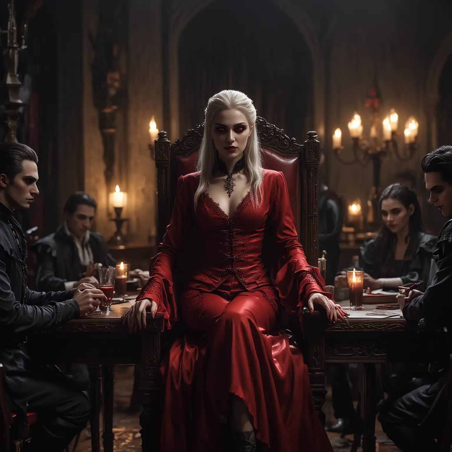 A white female Banu Haqim vampire, primogen, red glowing eyes, judge, wearing modern expensive clothing, sitting on a chair by a table, talking to other vampires, other vampires sitting around the table, at night, realistic
