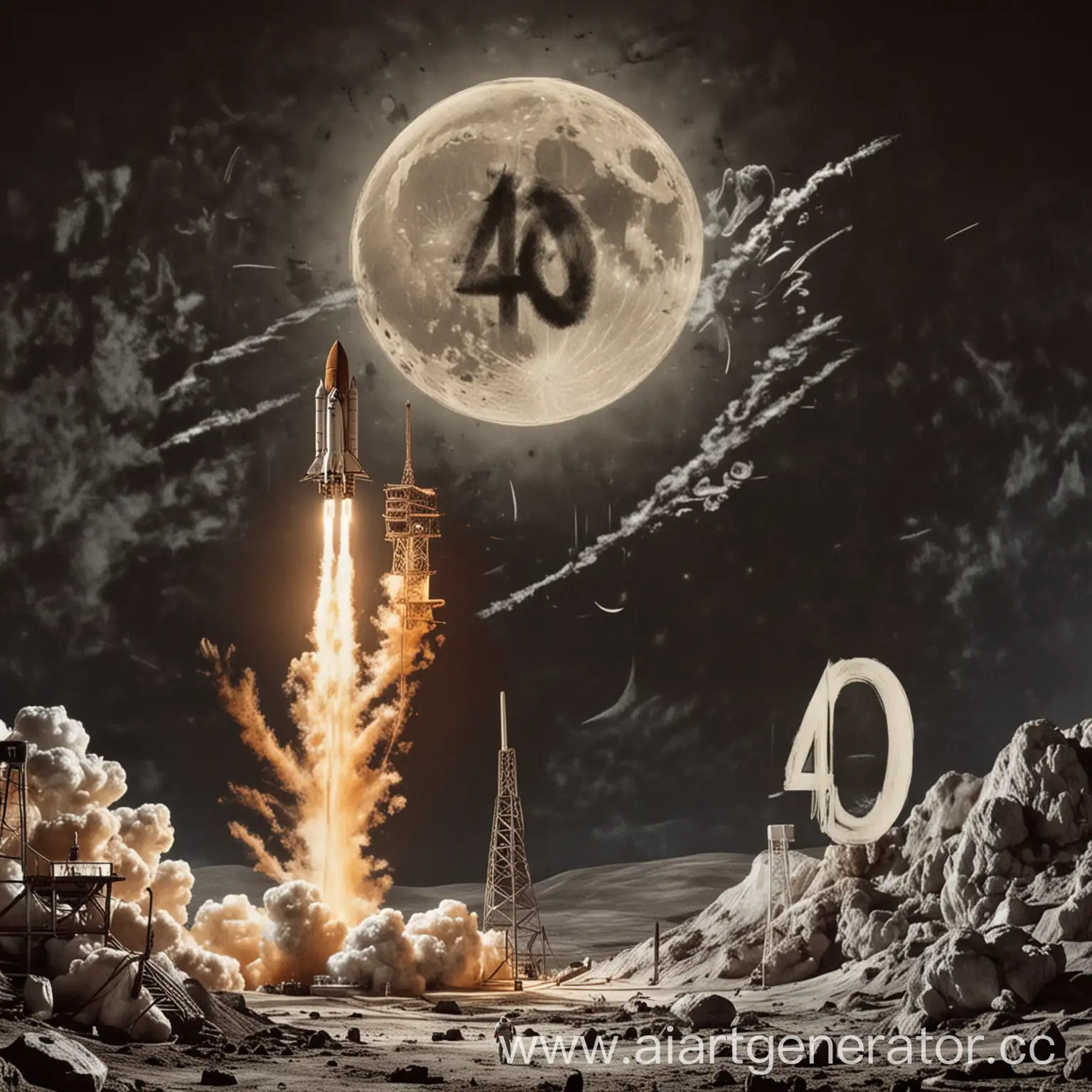 Ракета летит на луну, а на Луне нарисовано число 40 и на ракете нарисовано число 40 