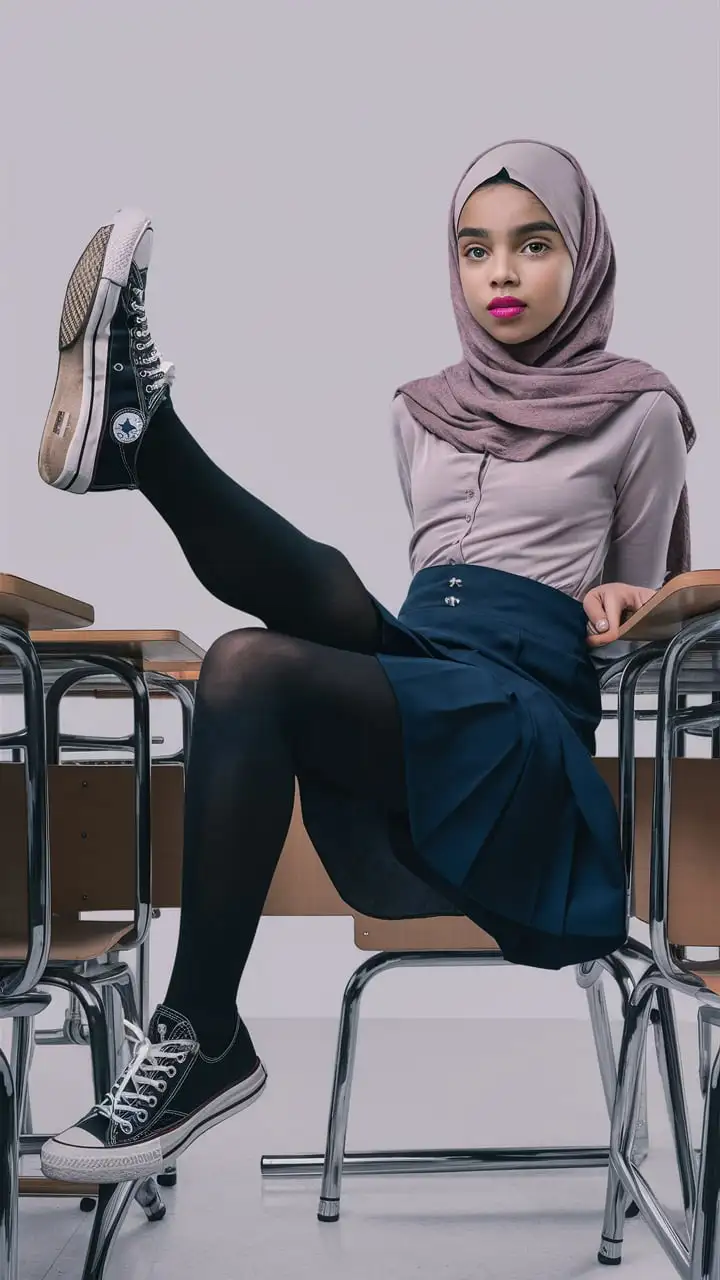 A girl, 14 years old, hijab, tight blouse, navy blue
school skirt, black opaque tights, converse shoes
in classroom. beautiful. Sits on the desk. Legs up
legs are on the desk. Pink plump lips