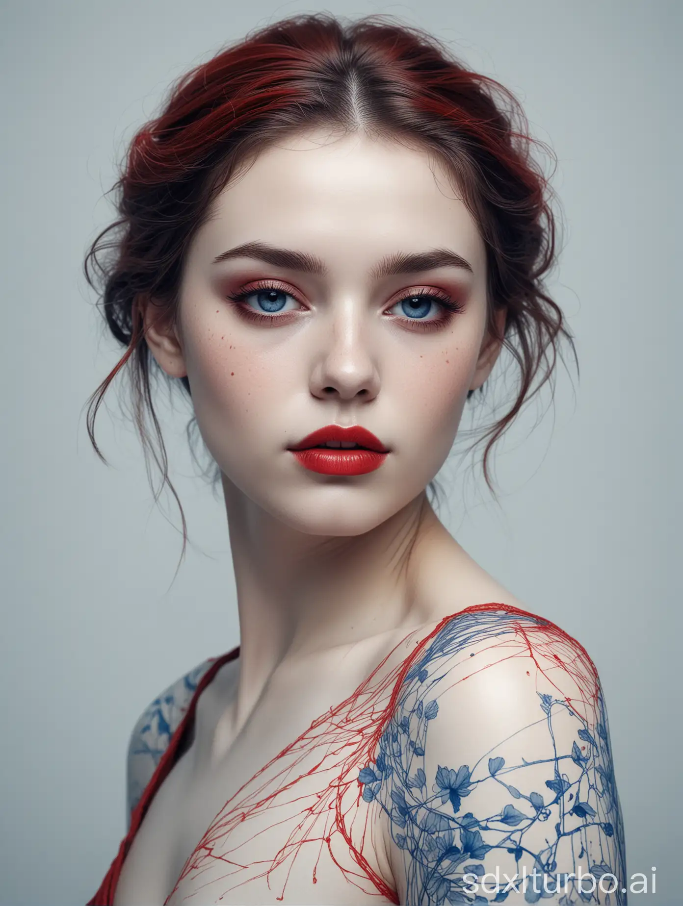stunning half body portrait of a beautiful young lady,elegant,blue and red colors,minimalism,delicate ink lines,nostalgic illustration,intricate details,4k,absurdres,high resolution,high quality