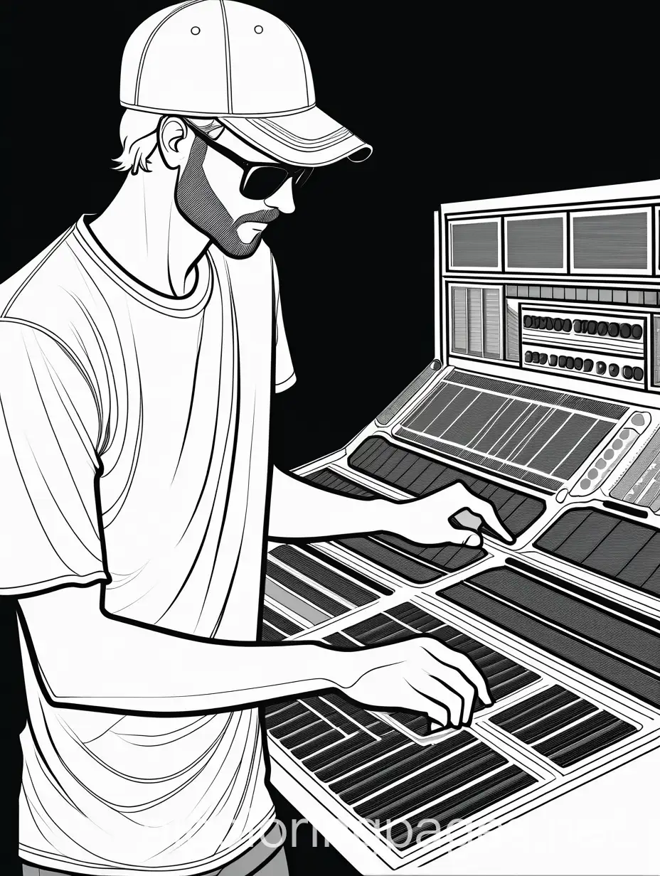 Tall blonde guy with short facial hair in a t-shirt and athletic shorts with sunglasses and a baseball hat operating a lighting console in a concert venue, Coloring Page, black and white, line art, white background, Simplicity, Ample White Space