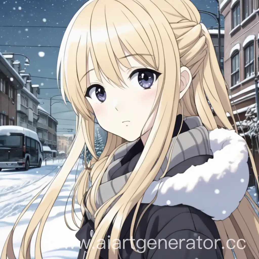 длинноволосая аниме девушка блондинка с черными глазами, на фоне зимнего города