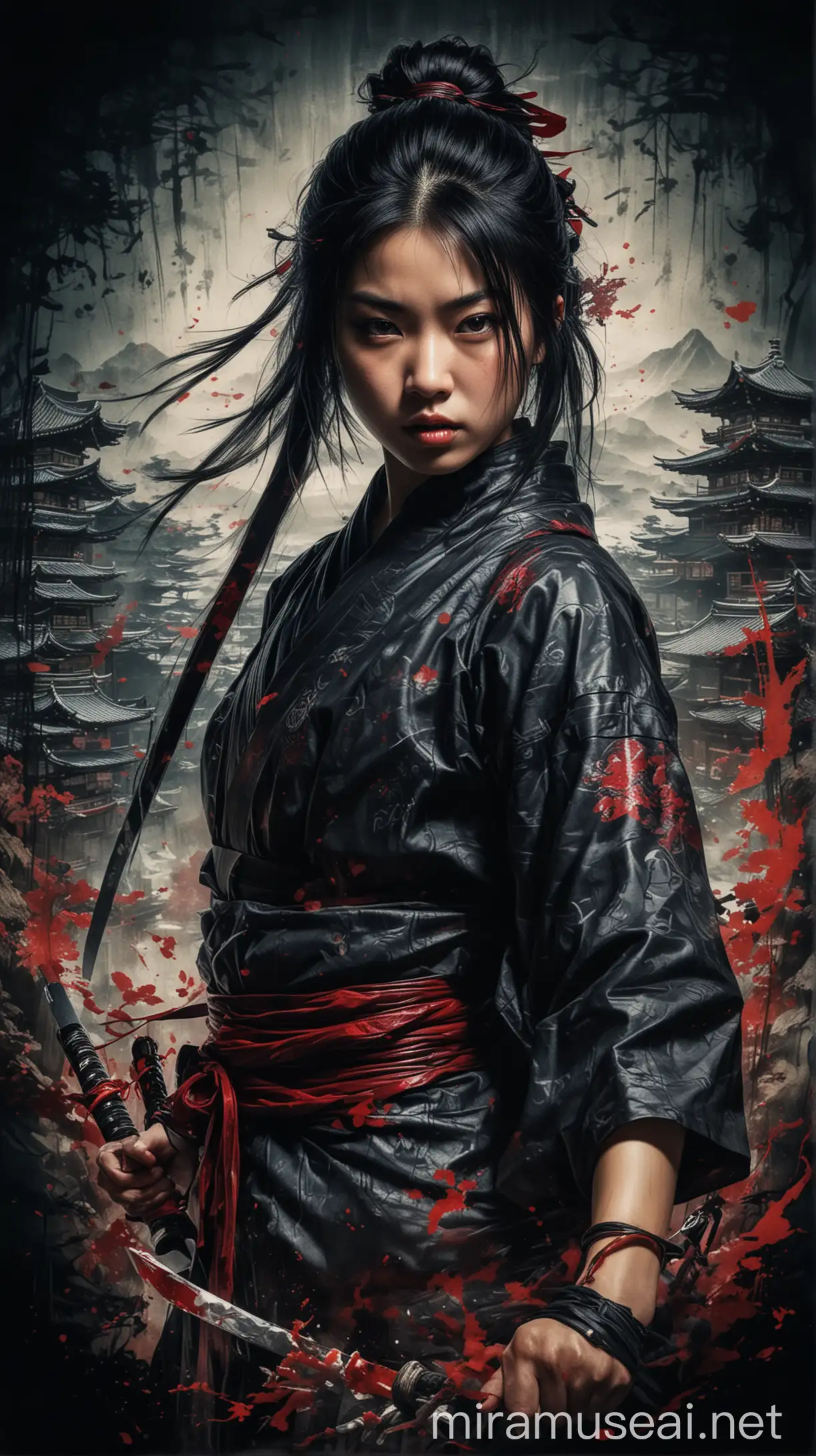 Double Exposure Asian Ninja Girl Assassin in Surreal Japanese Landscape