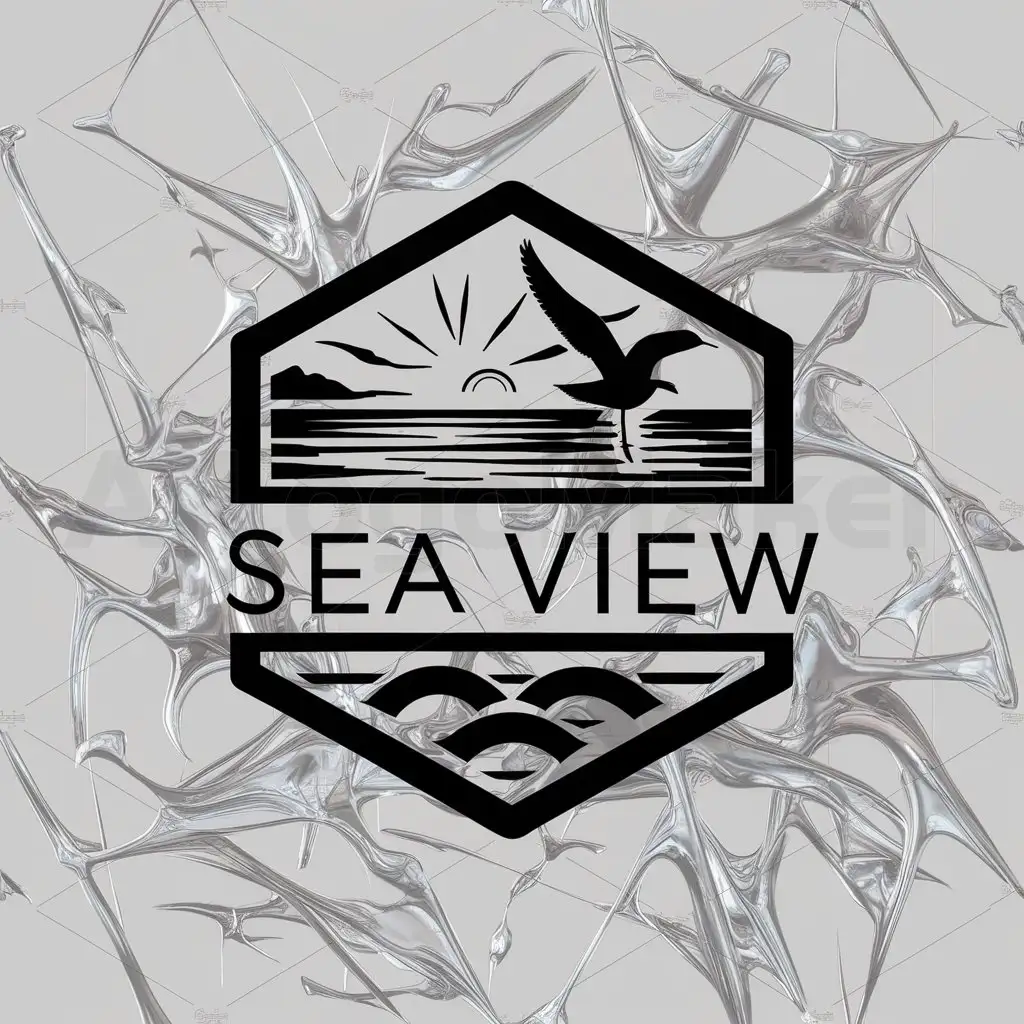 a logo design,with the text "Sea View", main symbol:a wide, hexagonal frame. inside (top half) beach sunset with sea bird flying in frame. inside (bottom half): the words 'SEA VIEW',complex,clear background