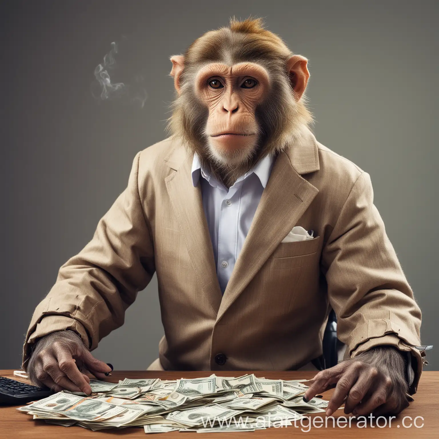 Обезьяна в пиджаке в финансовом офисе с сигаретой и с деньгами.
