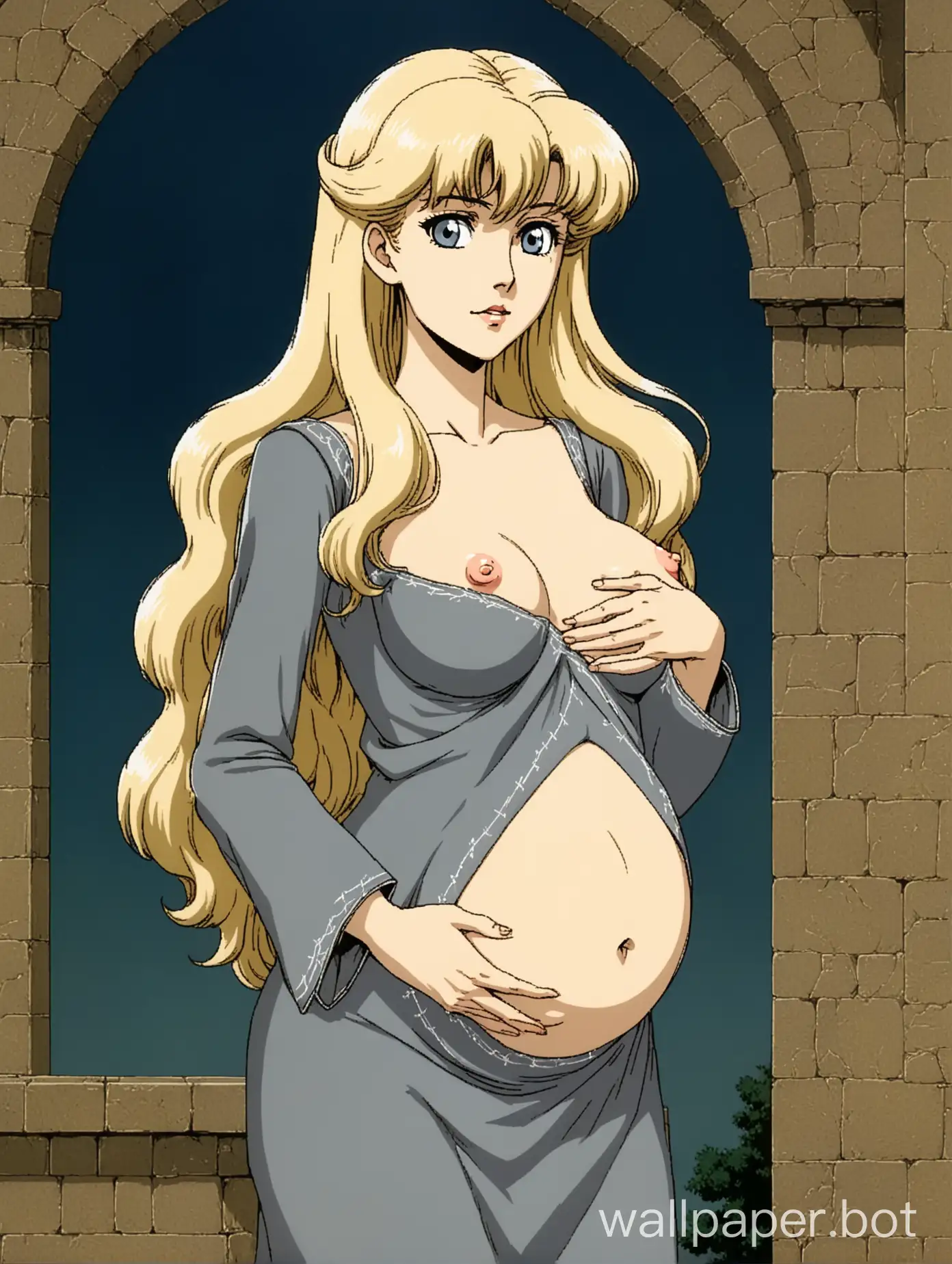 1980s retro anime, portrait of a young and attractive white woman posed without clothing, she is pregnant, she has long wavy white-blonde hair, standing regally, elegant and slender, thin sharp face, wearing a thin long dark grey skirt, exposed belly, navel, gorgeous breasts, perky nipples, decorative stitching, medieval elegance, 1980s retro anime
