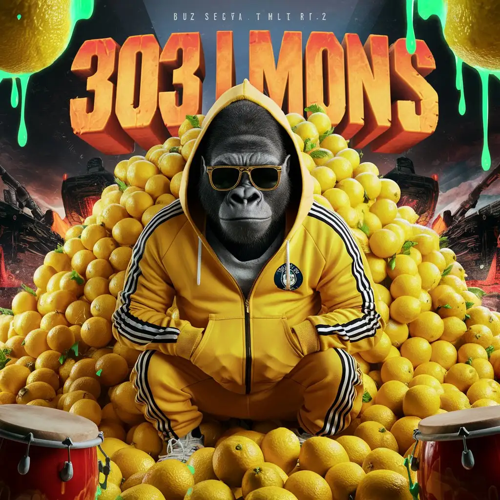 Gorilla in Yellow Tracksuit Amidst a Neon Lemon Jungle