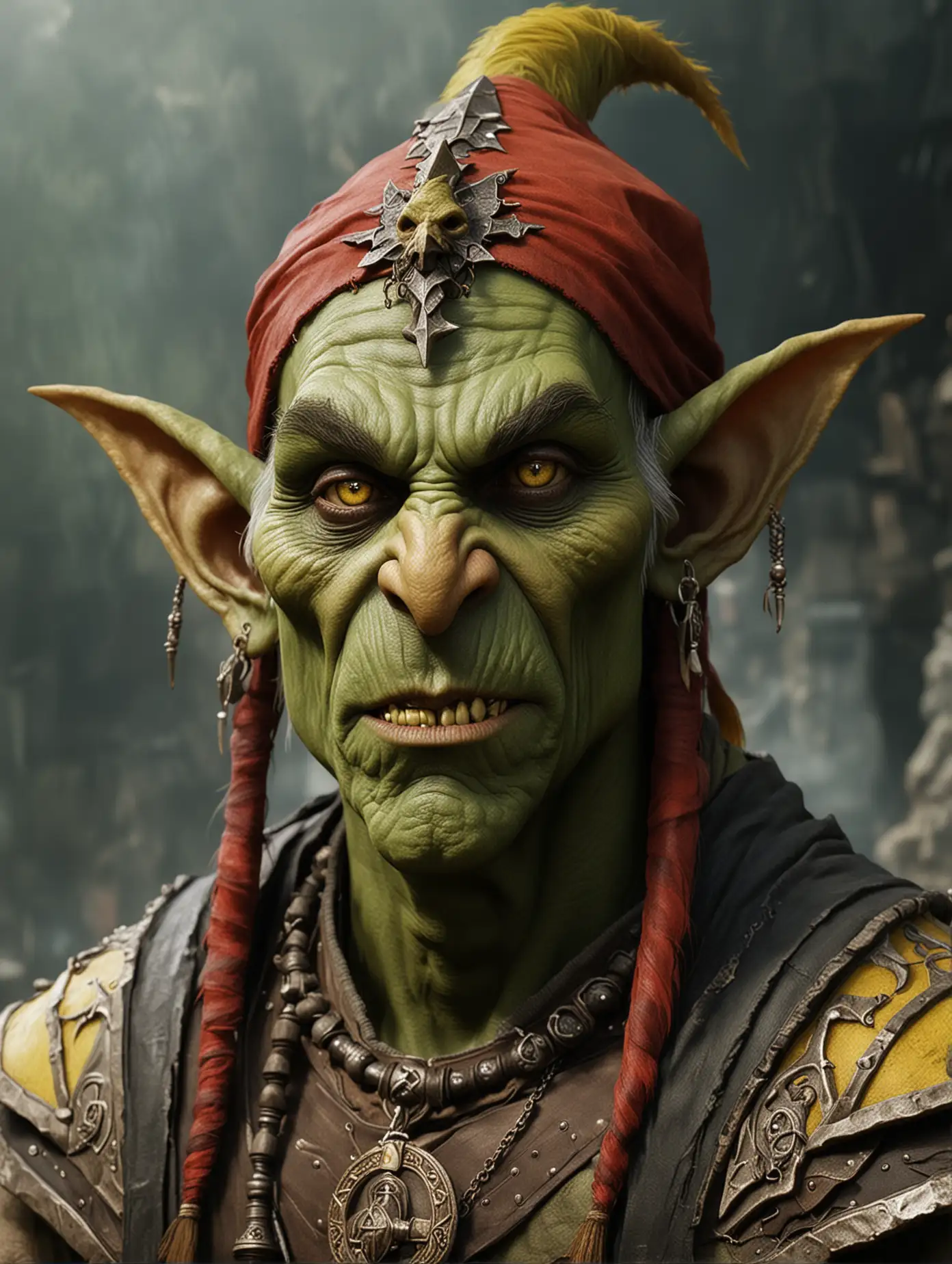 Evil Goblin Priest in Elaborate Red Headdress Amidst Underground Cult