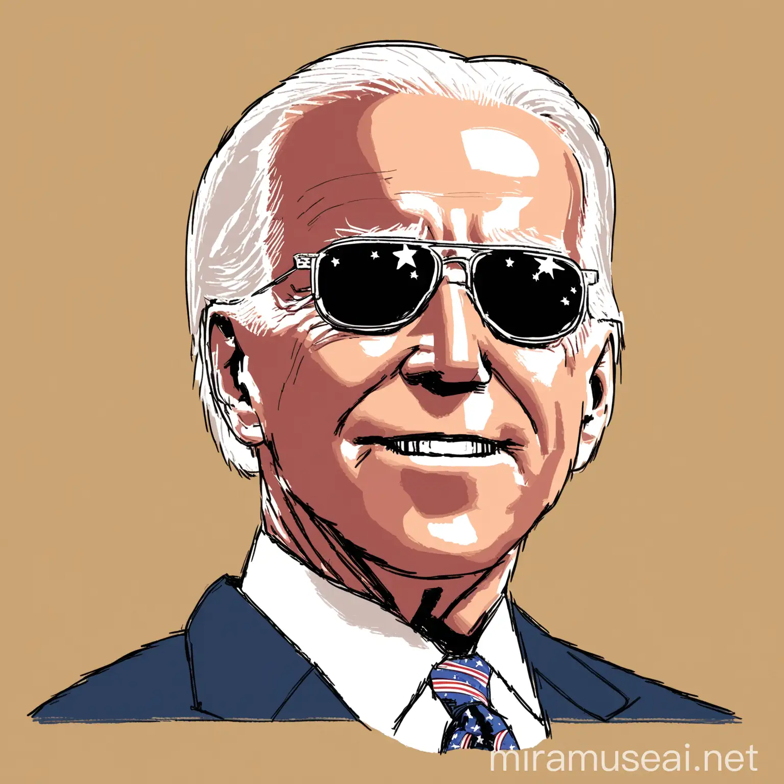 hand-drawn illustration of Joe Biden wears US sunglasses

