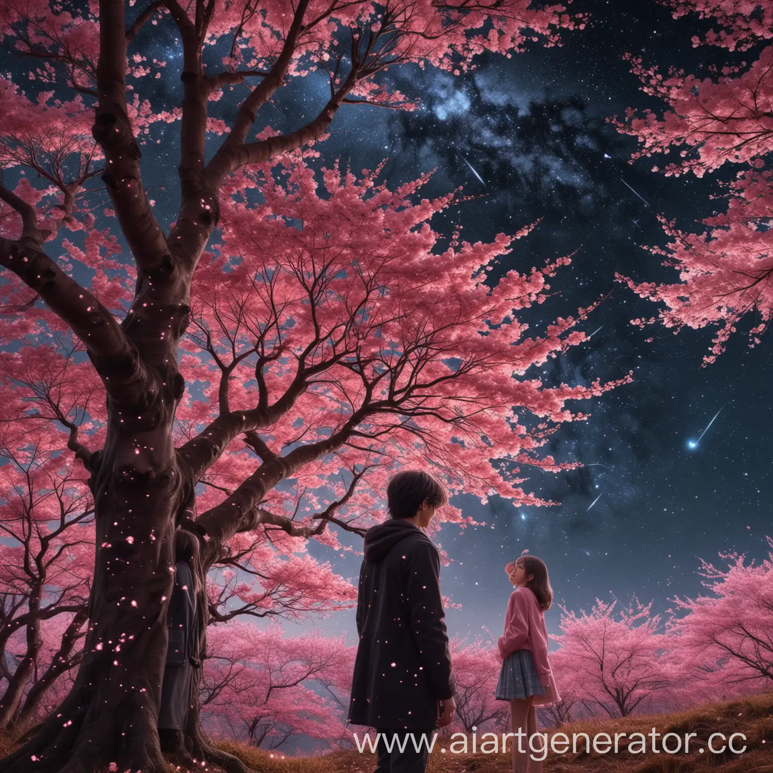 A guy stands by the hand with a girl with developing hair at a sakura tree with pink leaves, further away from them is a black forest, they look at the starry sky at the constellation cancer