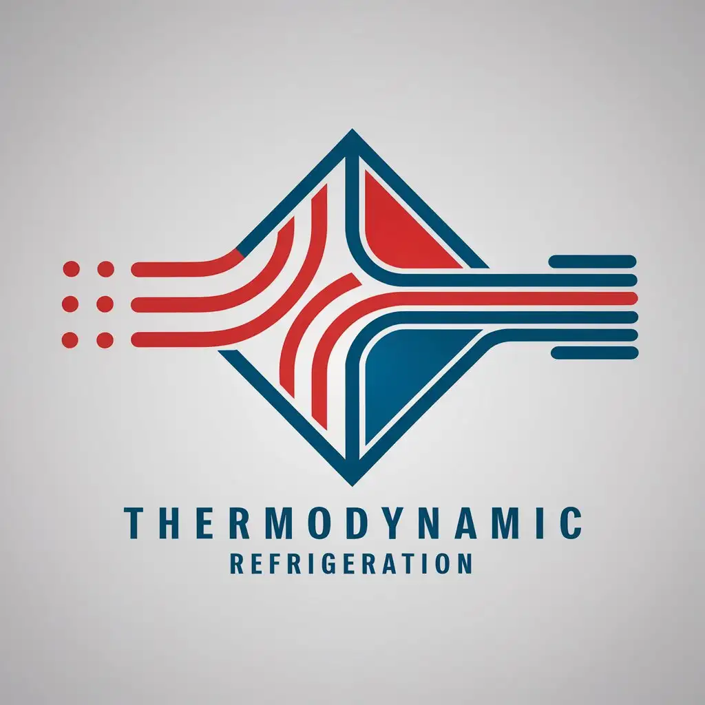 a logo design,with the text 'Thermodynamic Refrigeration', main symbol:parallelogram shape and the frame is three lines. add 3 lines leaving from the left and 3 lines leaving from the right. looks like the heat exchanger coil. the upper portion is red and the lower portion is blue,complex,be used in Technology industry,clear background