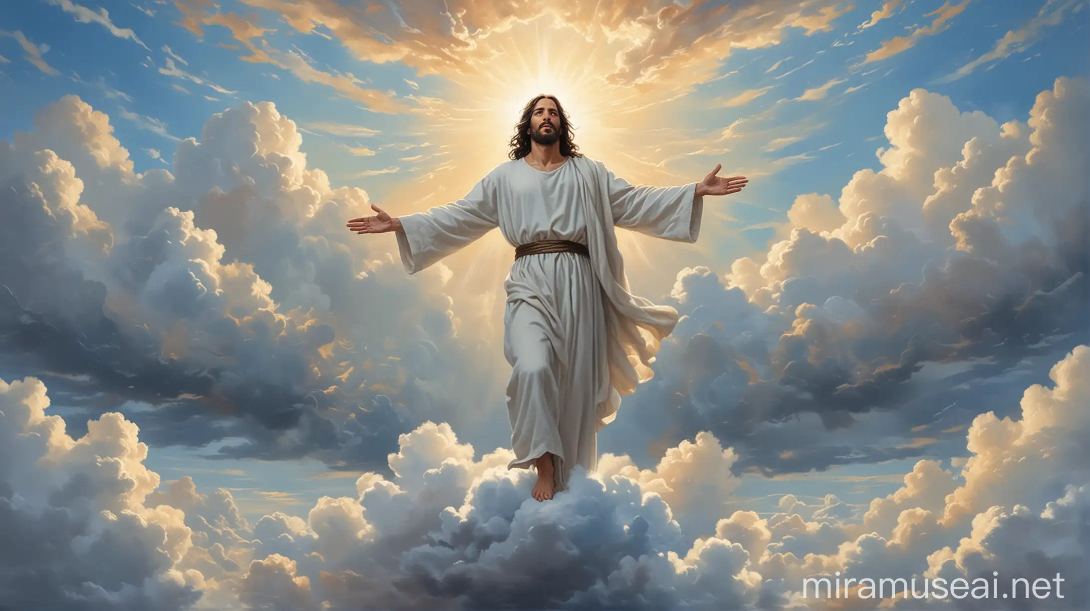 create an oil painting that shows Jesus with black hair looking down kindly, jesus is standing on a cloud and within high clouds with welcoming open arms, light blue sky behind Jesus, Jesus must be 20% the size of the image height