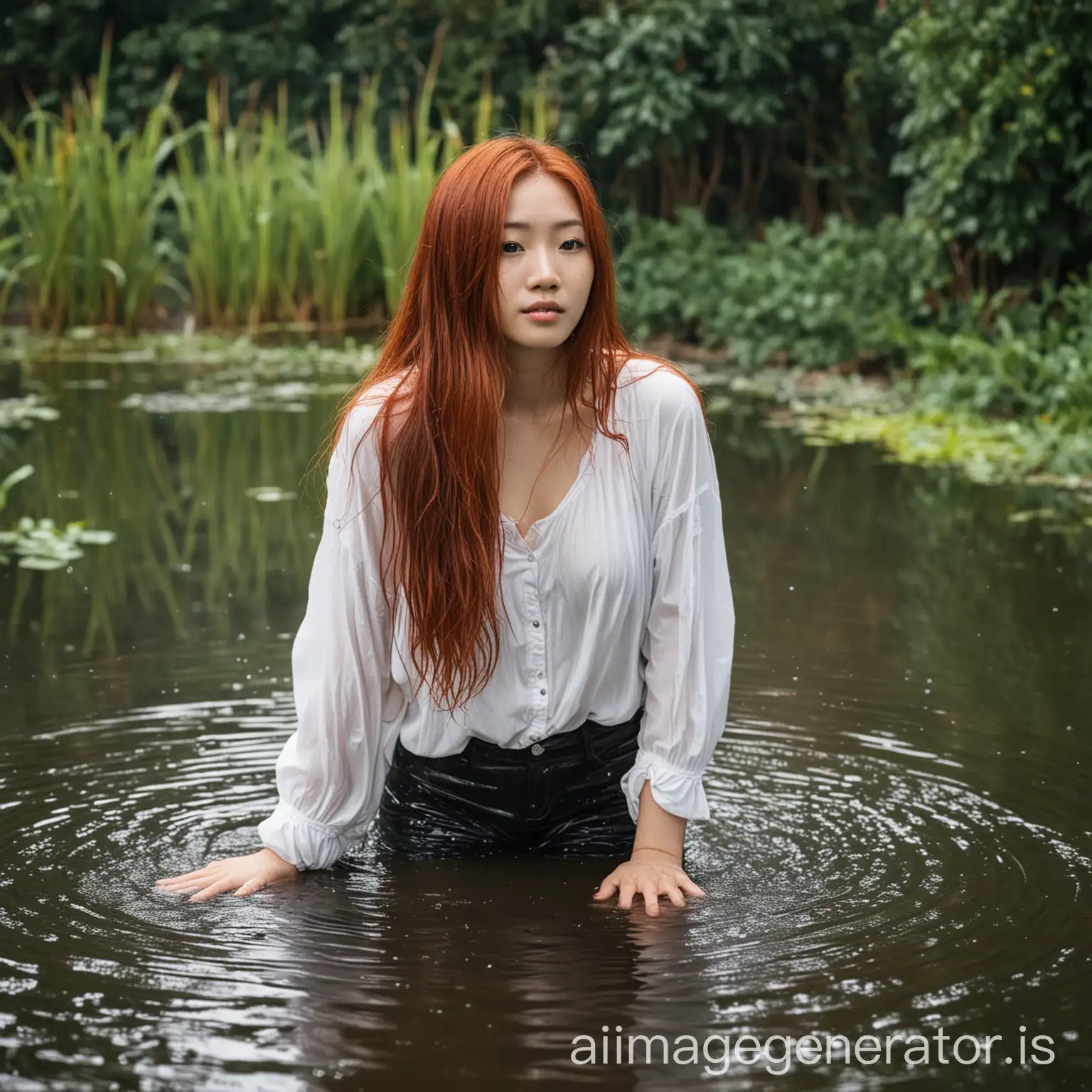A young Asian woman with long red hair wearing a white top standing in a pond ,she is completely soaking Wet