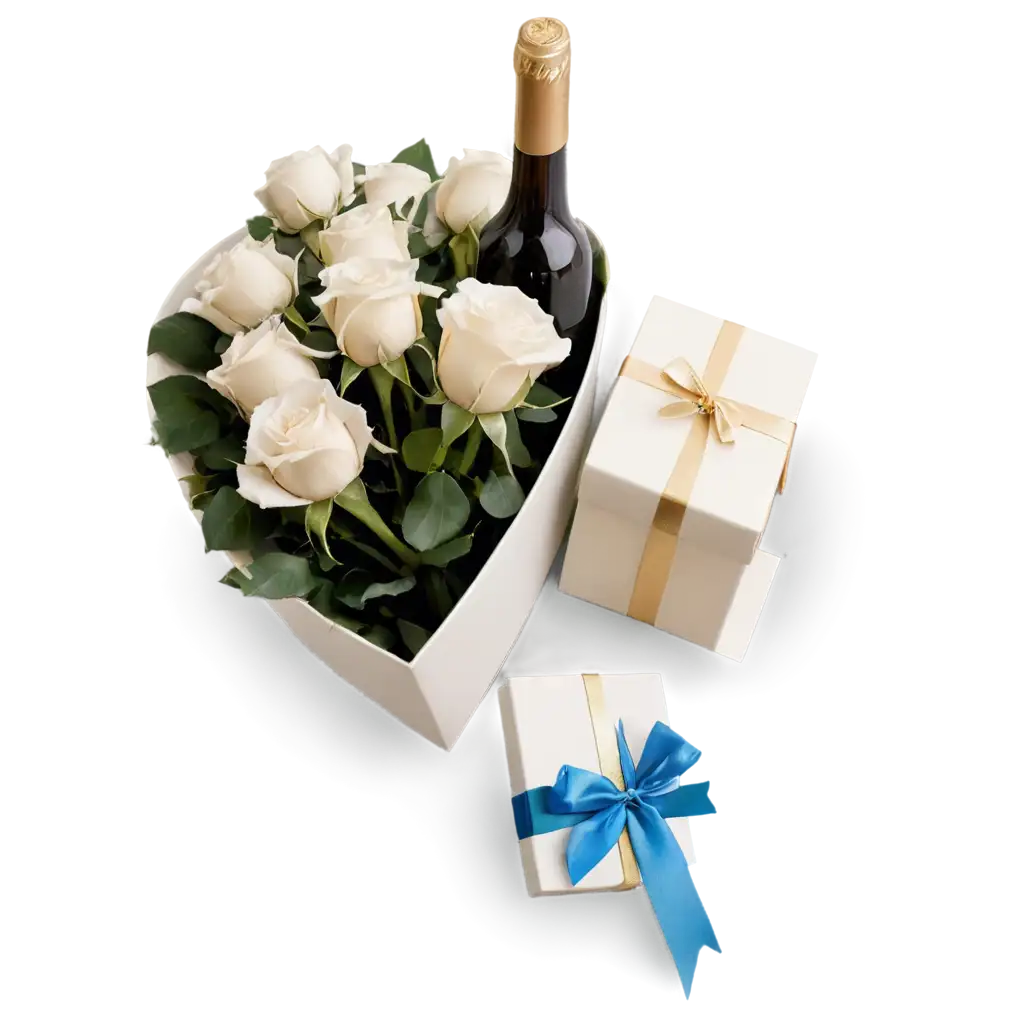 Elegant-Bouquet-of-White-and-Blue-Roses-with-Wine-and-Gift-Box-PNG-Image