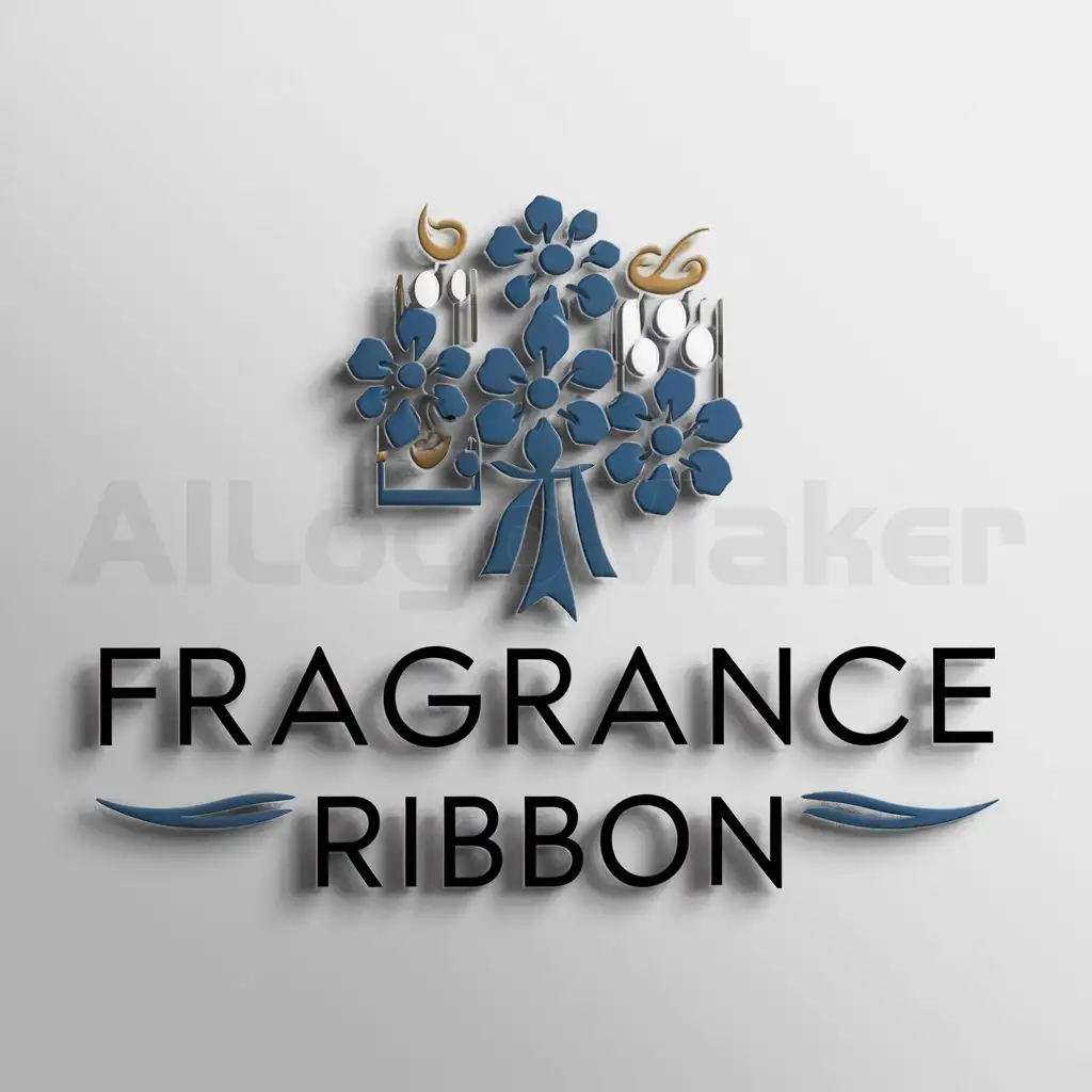 a logo design,with the text "Fragrance ribbon", main symbol:in the blue color range bouquet of flowers and decorative scents of candles,complex,be used in Retail industry,clear background