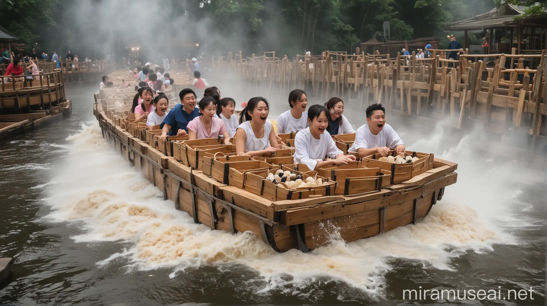 people on a dim sum themed log flume riding in steaming baskets