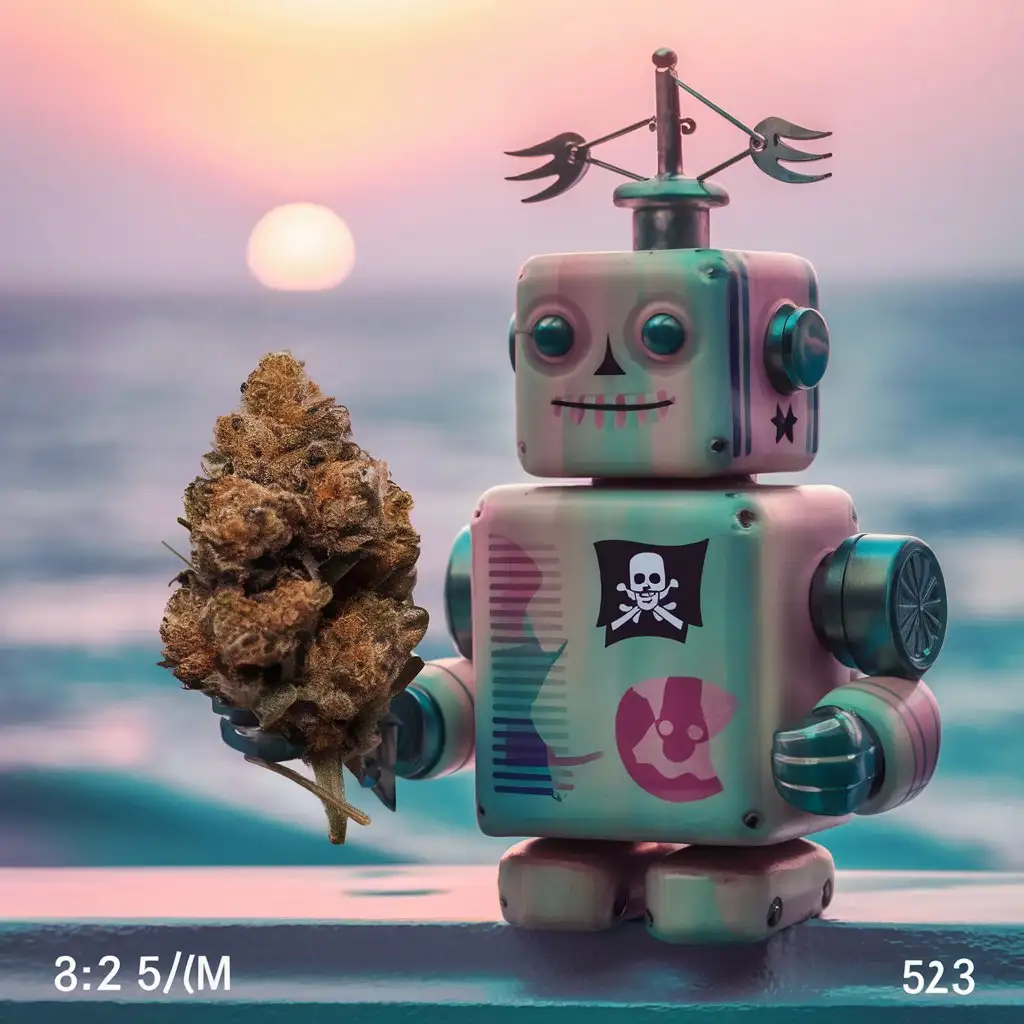  close-up photo of a robot with a pirate flag on his chest, holding a large marijuana bud, symmetry, against the background of the ocean, summer, soft pastel colors --ar 2:3 --v 5.2