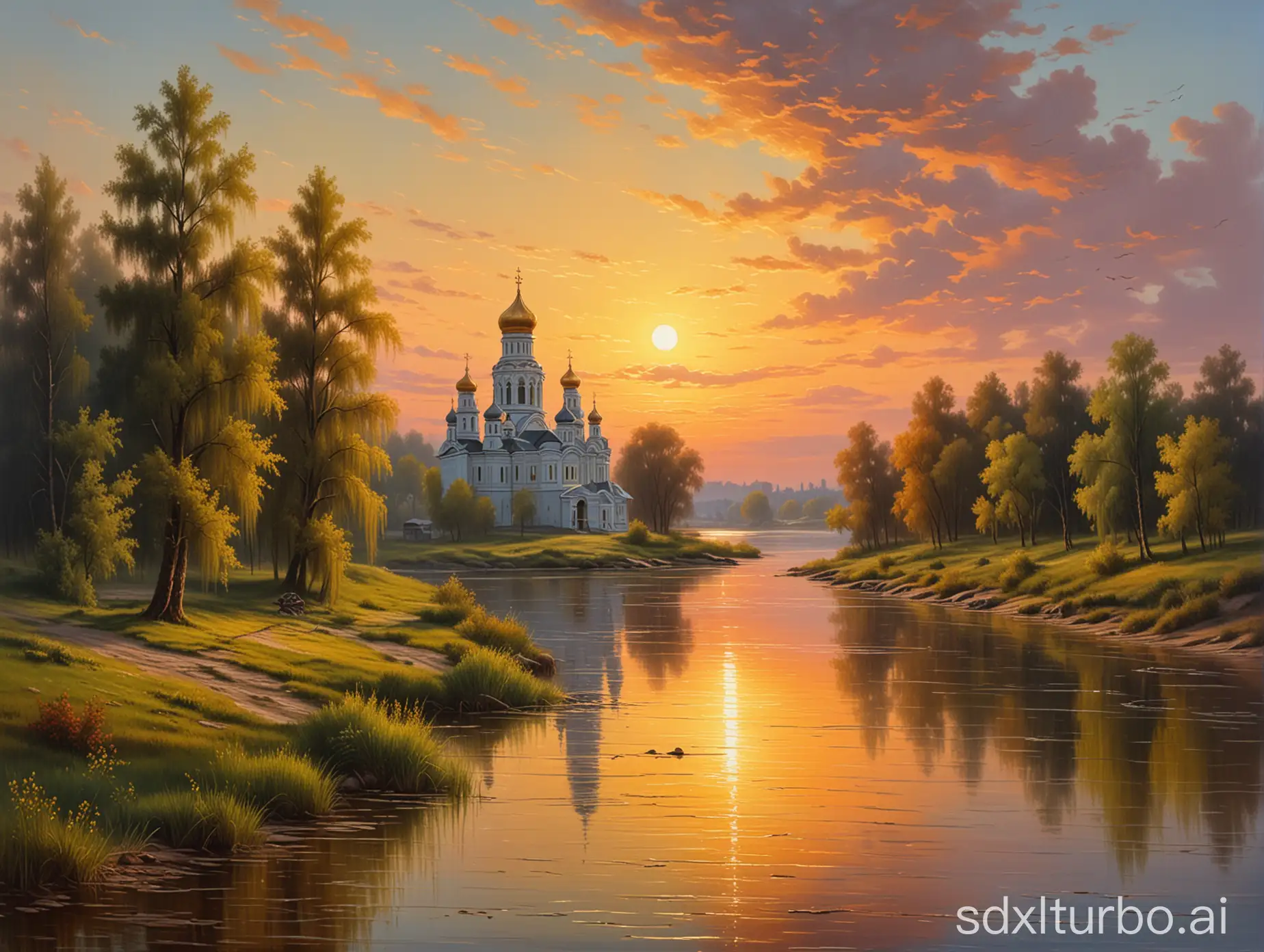 The Eastern Orthodox Church along the river, sunset, and riverbank, featuring classical Russian style oil paintings, presents a mysterious atmosphere in the painting