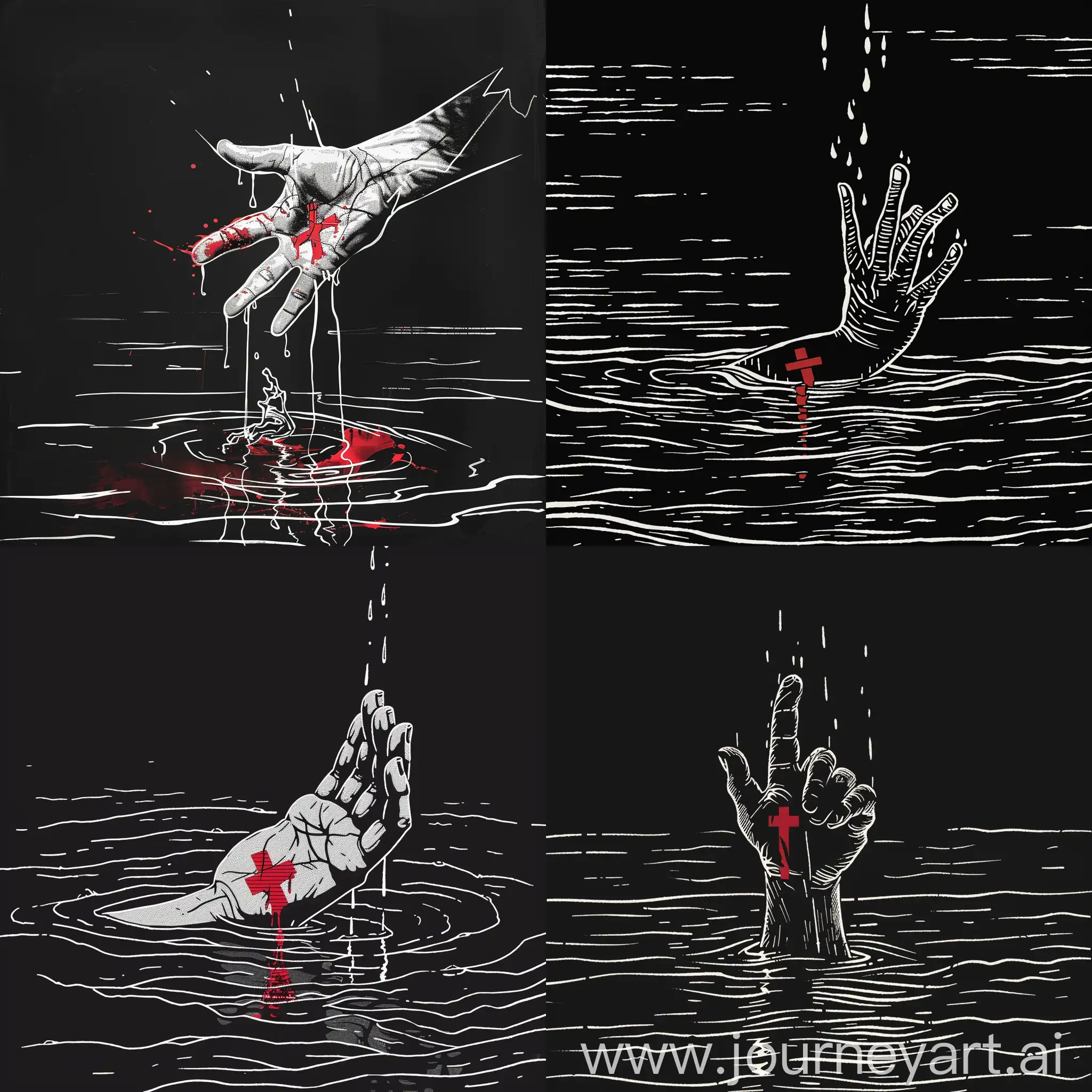 Чёрный фон. Белыми линиями рука вылазит из воды, разжатый кулак, красный крест воткнутый в ладонь, по руки от креста стекает кровь в воду