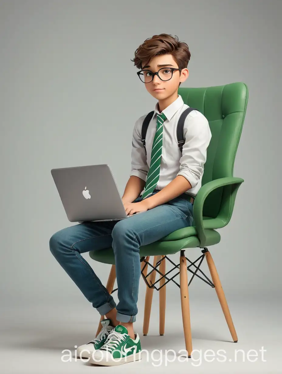 Create a 3D illustration showing a handsome 18-year-old boy sitting on a chair in front of a 3D WhatsApp app logo, writing code on a laptop while wearing a green and white striped tie, jeans, sneakers, and glasses. The background should be the personal information page on social media with the username 'YOUTUBEBASHA' and a matching profile picture edit. Coloring Page, black and white, line art, white background, Simplicity, Ample White Space. The background of the coloring page is plain white to make it easy for young children to color within the lines. The outlines of all the subjects are easy to distinguish, making it simple for kids to color without too much difficulty.