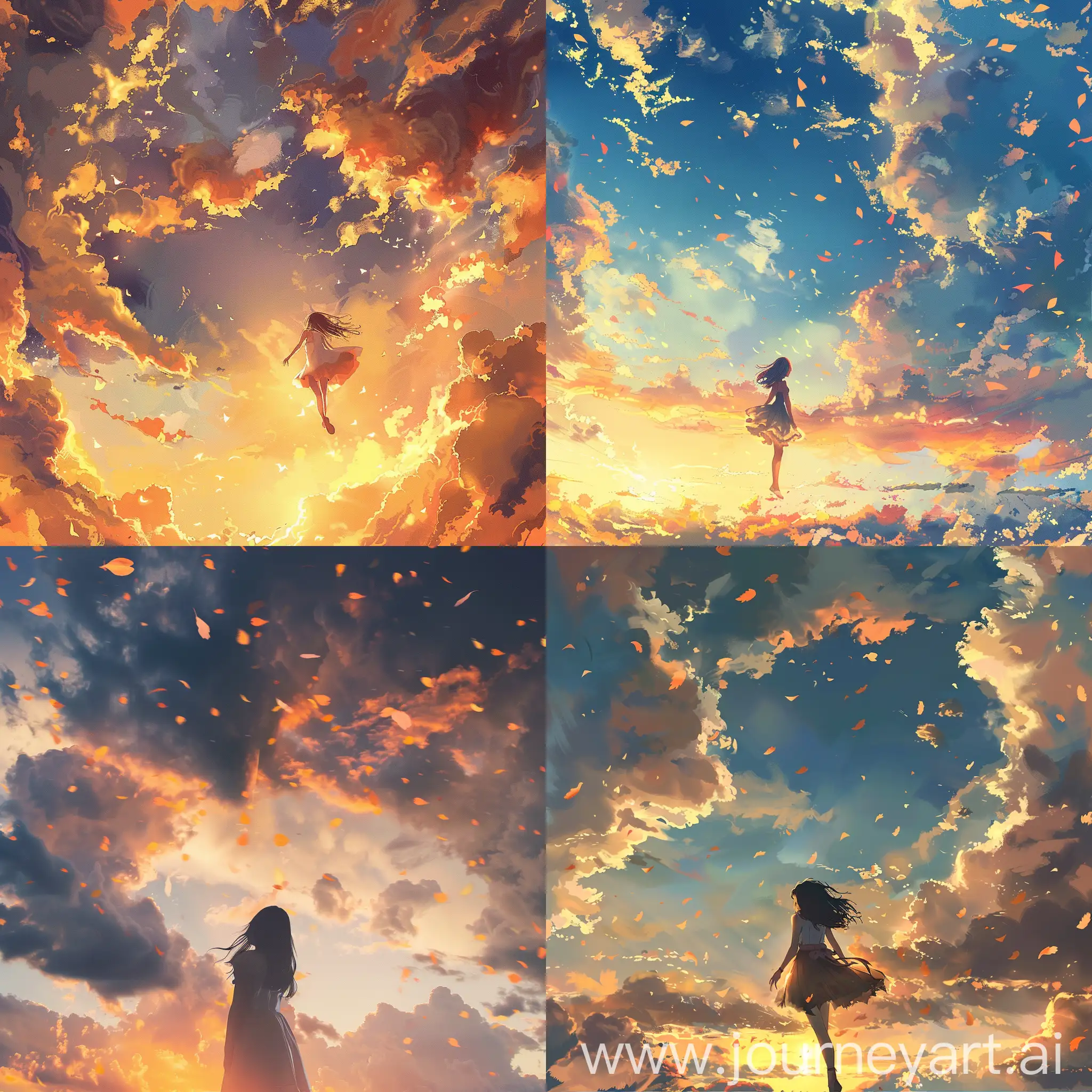 Serene-Sunset-Graceful-Girl-Descending-from-the-Sky-Amidst-Beautiful-Clouds