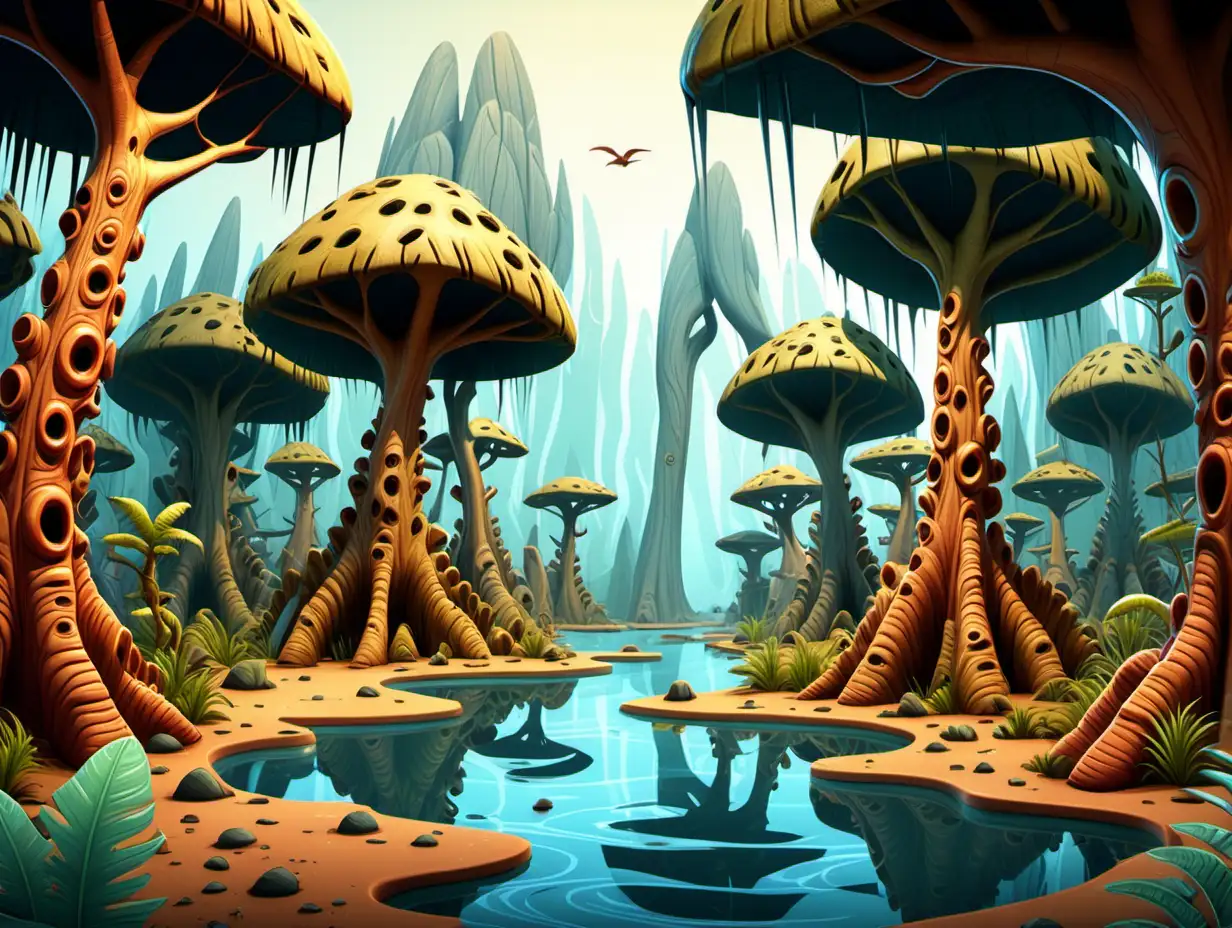 Cartoon Prehistoric Forest Scene with Trees and Water